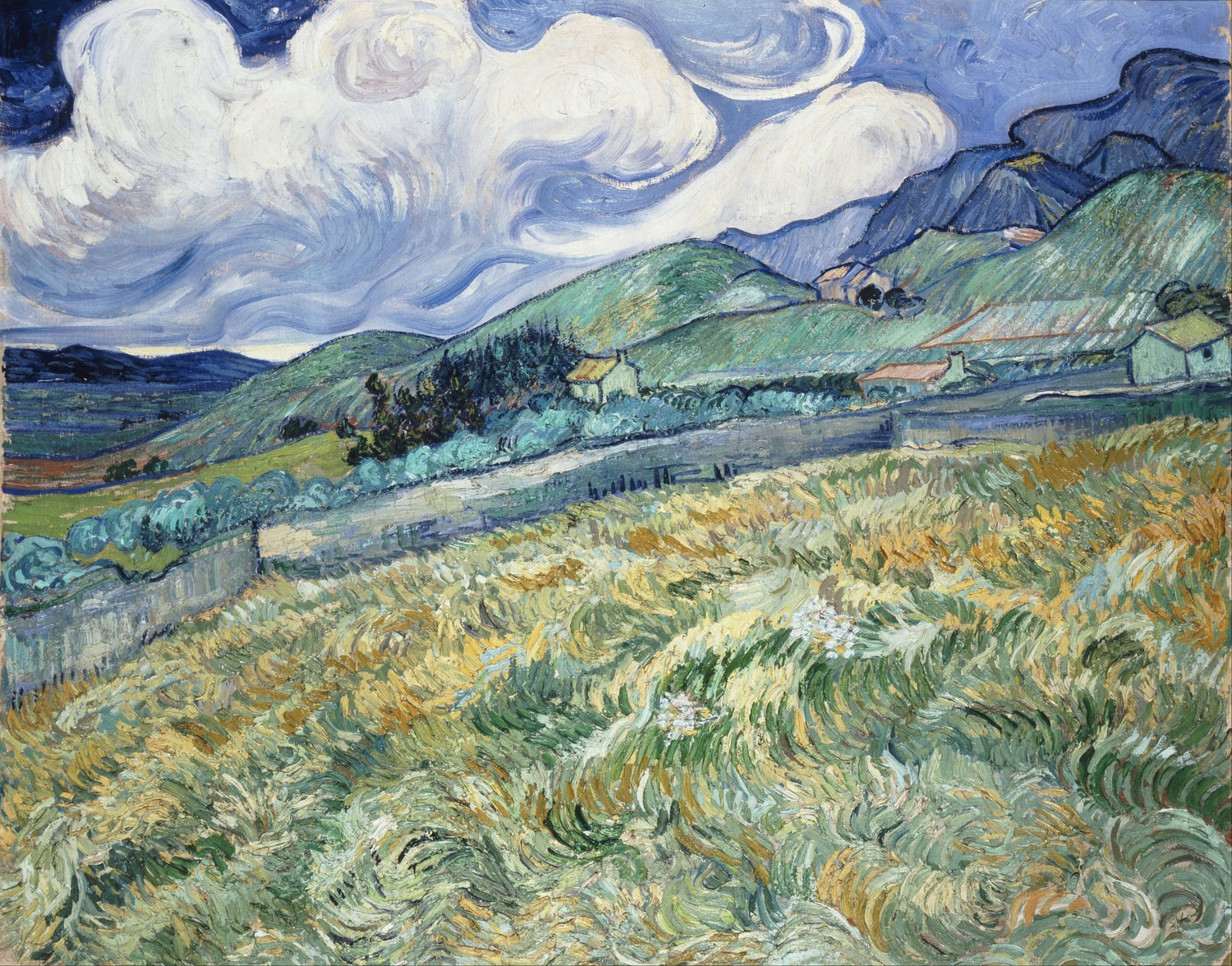 Landscap Oil Painting - Mountain Wheat Field Under Swirling Sky - Oil Painting Haven