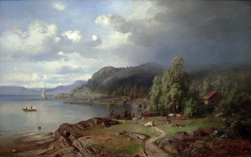Hand painted oil on canvas landscape oil painting of a Nordic lakeside cottage with cattle by a rocky shoreline under cloudy . - Add Frame, Animal, Canvas, Cottage, Farm, Hand Painted, Lake, Landscape, Made To Order, Oil Painting