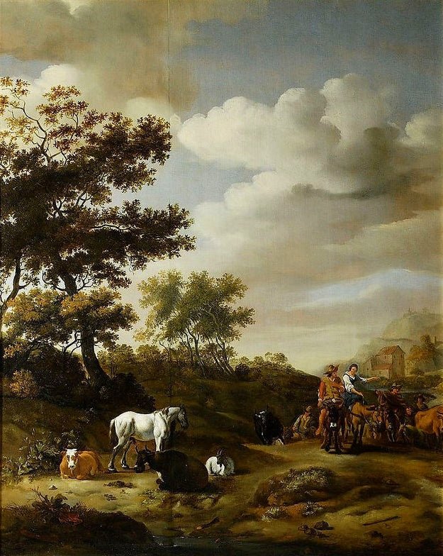 Hand painted landscape oil painting on canvas featuring horses, cattle, and a figure by a cart under a cloudy sky with. - Add Frame, Animal, Canvas, Country, Farm, Hand Painted, Landscape, Made To Order, Oil Painting