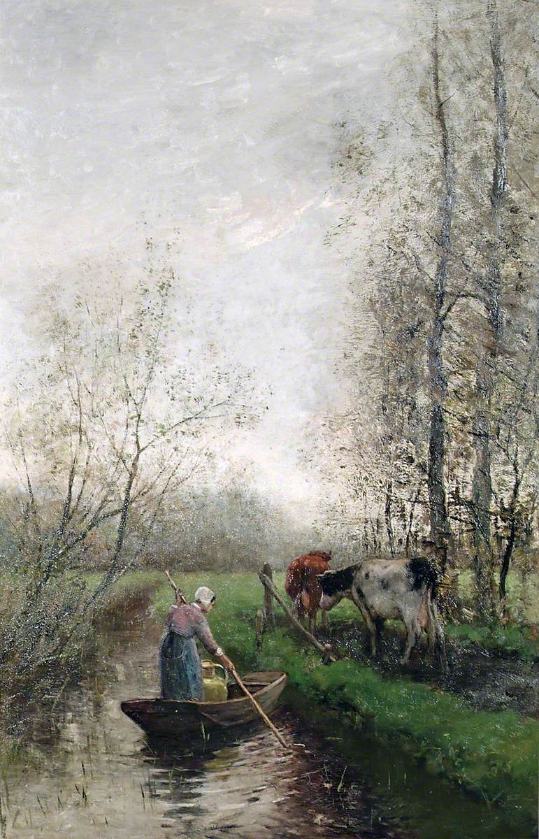 Landscape oil painting of a quiet canal with a woman in a boat and cows by the shore, textured brushwork on oil on canvas. - Add Frame, Animal, Boat, Canal, Canvas, Farm, Figure, Hand Painted, Landscape, Made To Order, Oil Painting, Venice