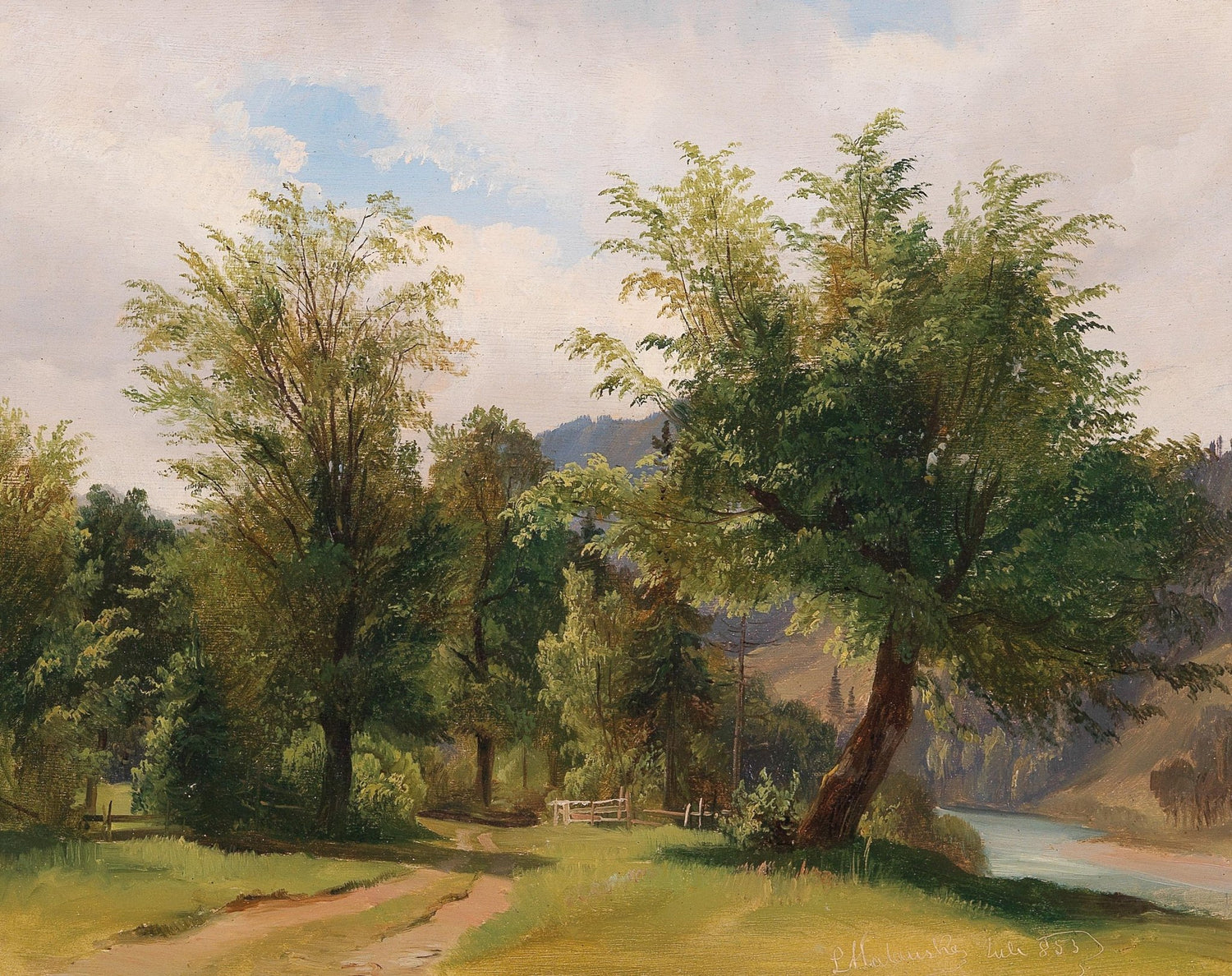 Hand painted landscape oil painting on canvas with a riverside path, lush green trees, and textured brushwork capturing a. - Add Frame, Canvas, Forest, Hand Painted, Landscape, Made To Order, Oil Painting, River, Road