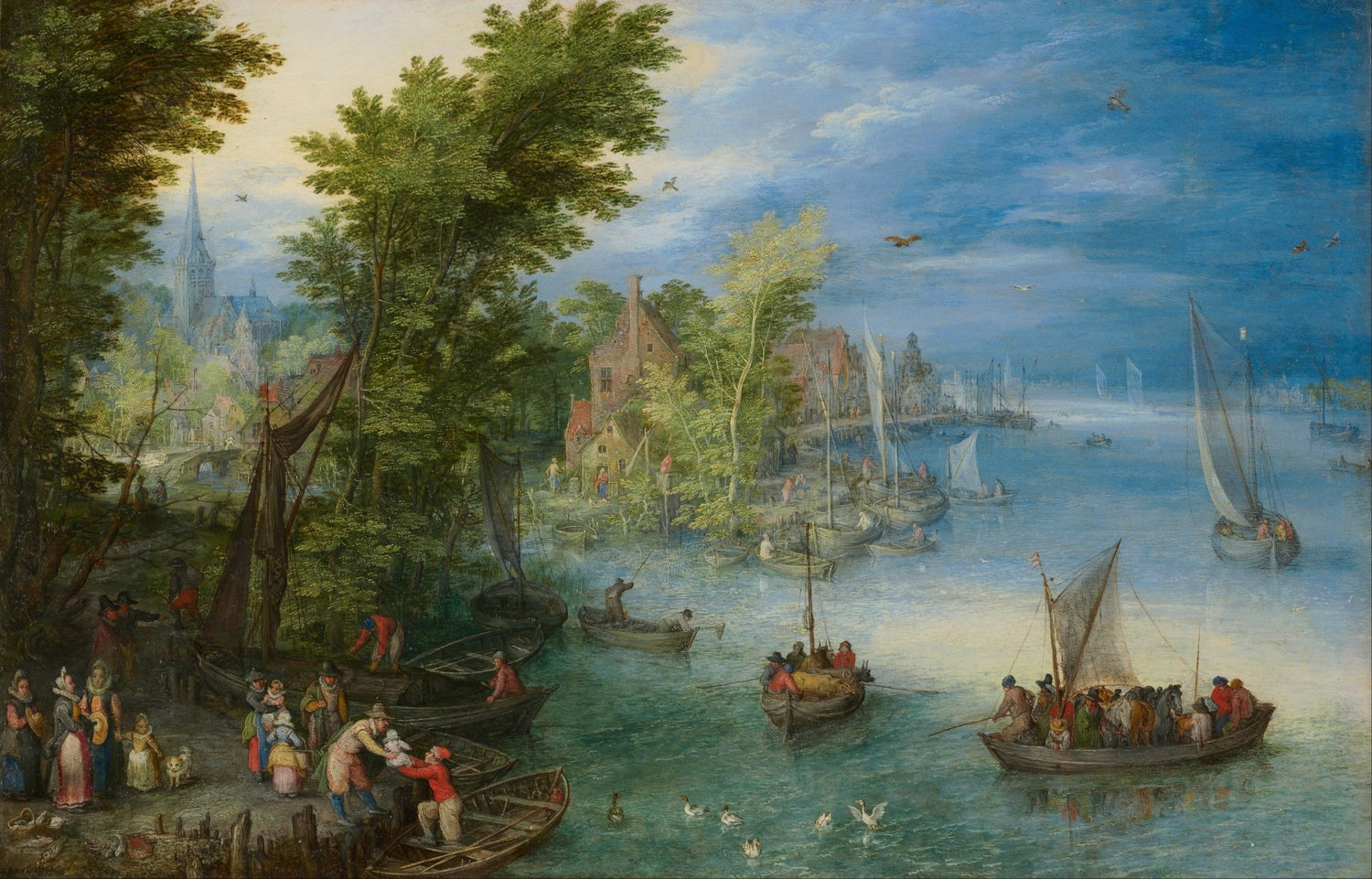 Landscape oil painting of a riverside village harbor with boats and figures, hand painted oil on canvas with textured. - Boat, Canvas, Figure, Hand Painted, Harbor, Landscape, Made To Order, Oil Painting, River, Seascape, Village
