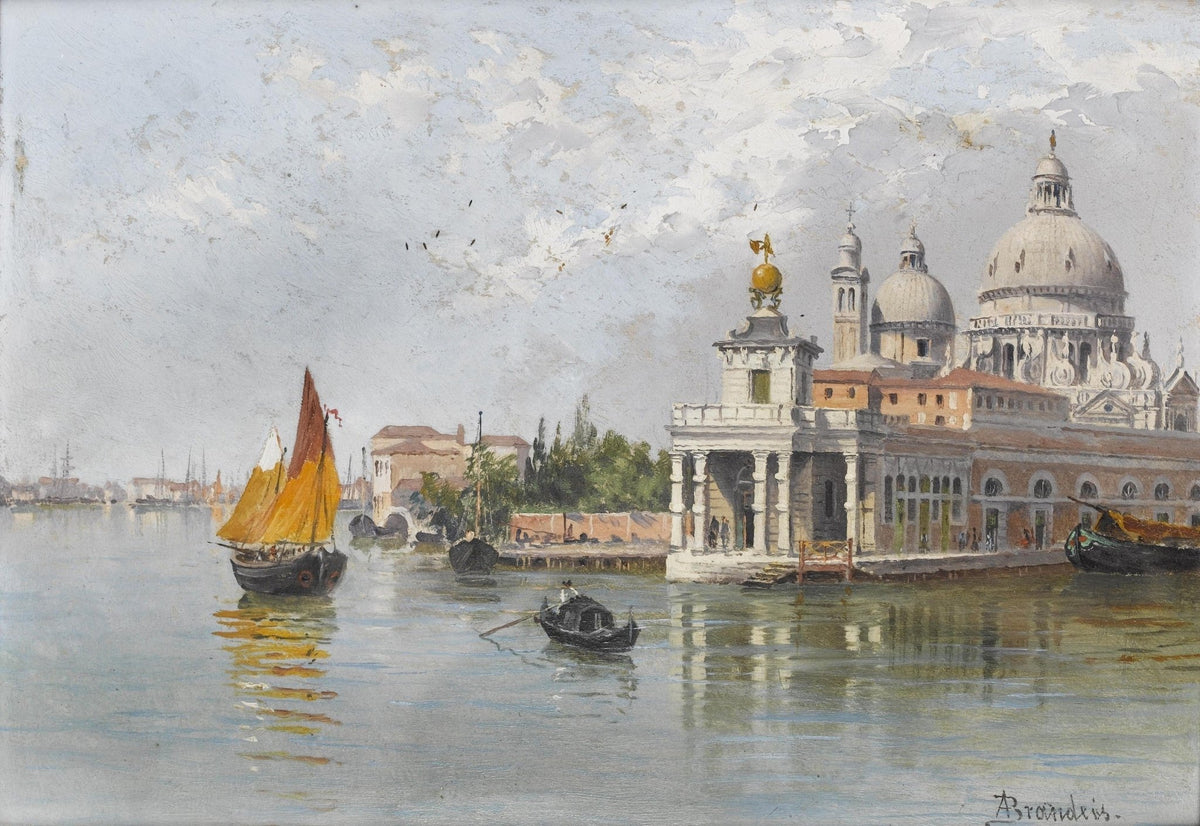 Landscape oil painting of Venice canal featuring Santa Maria della Salute church with textured brushwork on oil on canvas,. - Boat, Canal, Canvas, Hand Painted, Landscape, Made To Order, Oil Painting, Venice