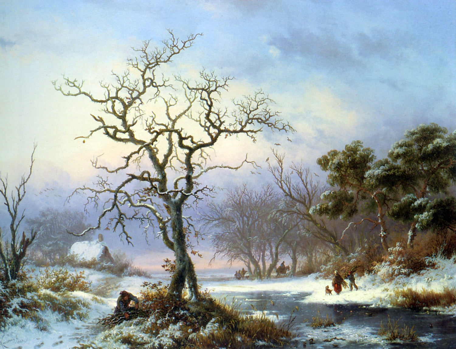 Landscape oil painting of a winter river with a bare tree and textured brushwork on oil on canvas, hand painted oil painting . - Canvas, Cottage, Forest, Hand Painted, Landscape, Made To Order, Oil Painting, River, Winter