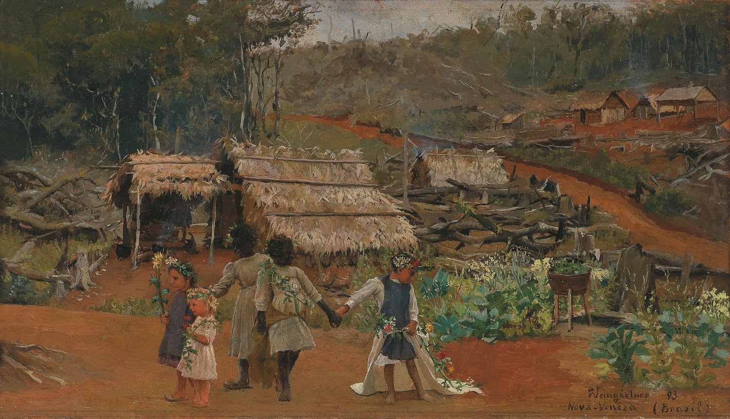 Landscape Oil Painting - 1893 Nova Veneza Brazil Village, Thatched Huts - Oil Painting Haven