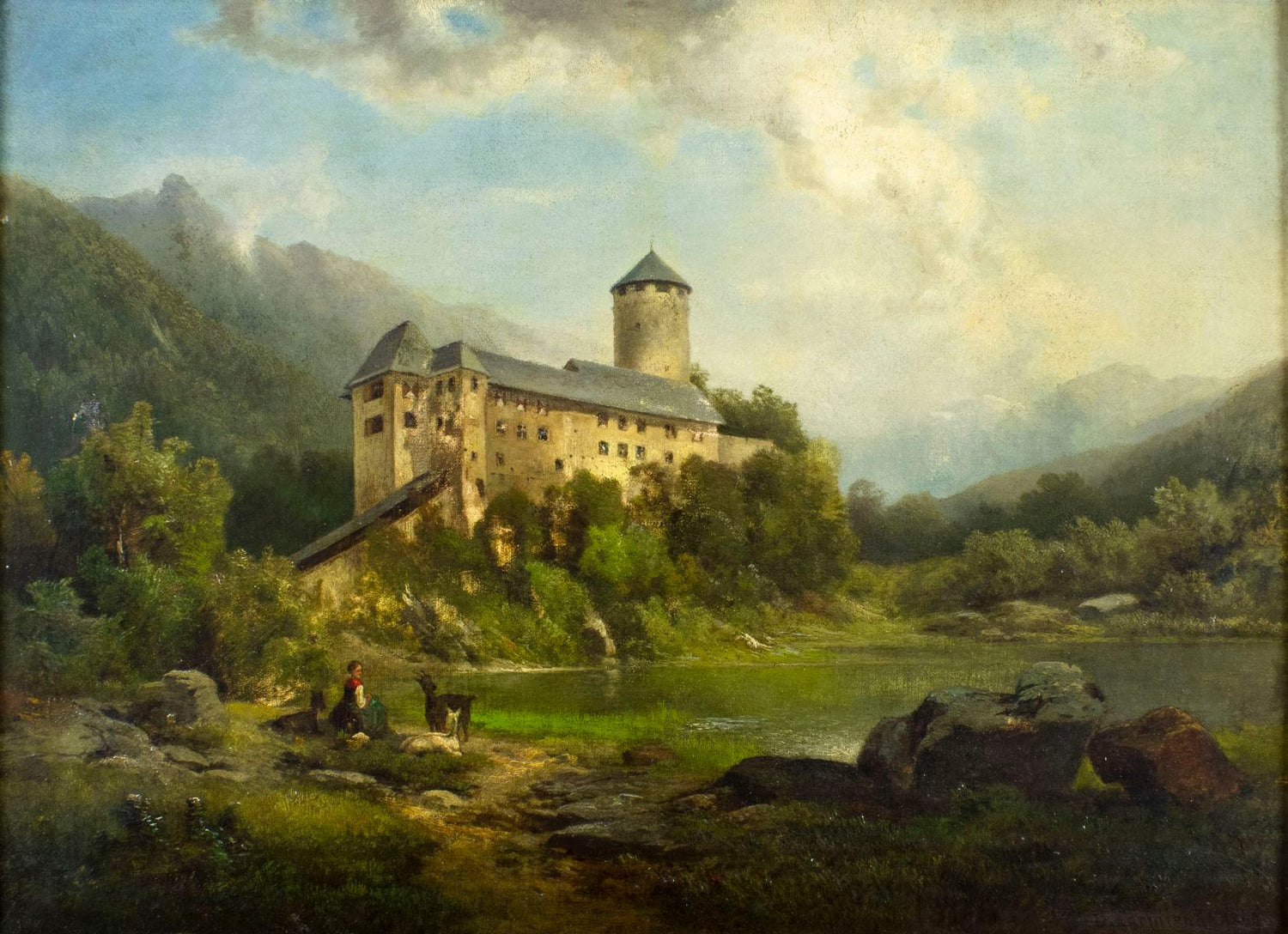Hand-painted alpine castle by quiet lake landscape oil painting on canvas
