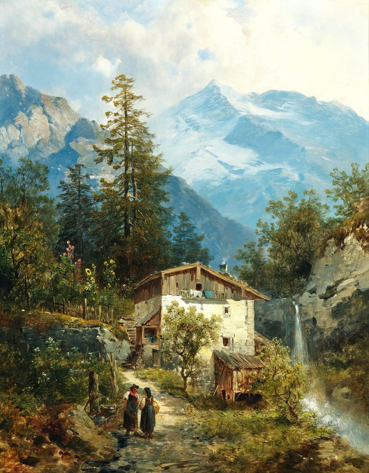 Landschaftsgemälde in Öl – Frühlingsfluss mit Fischer und Bäumen