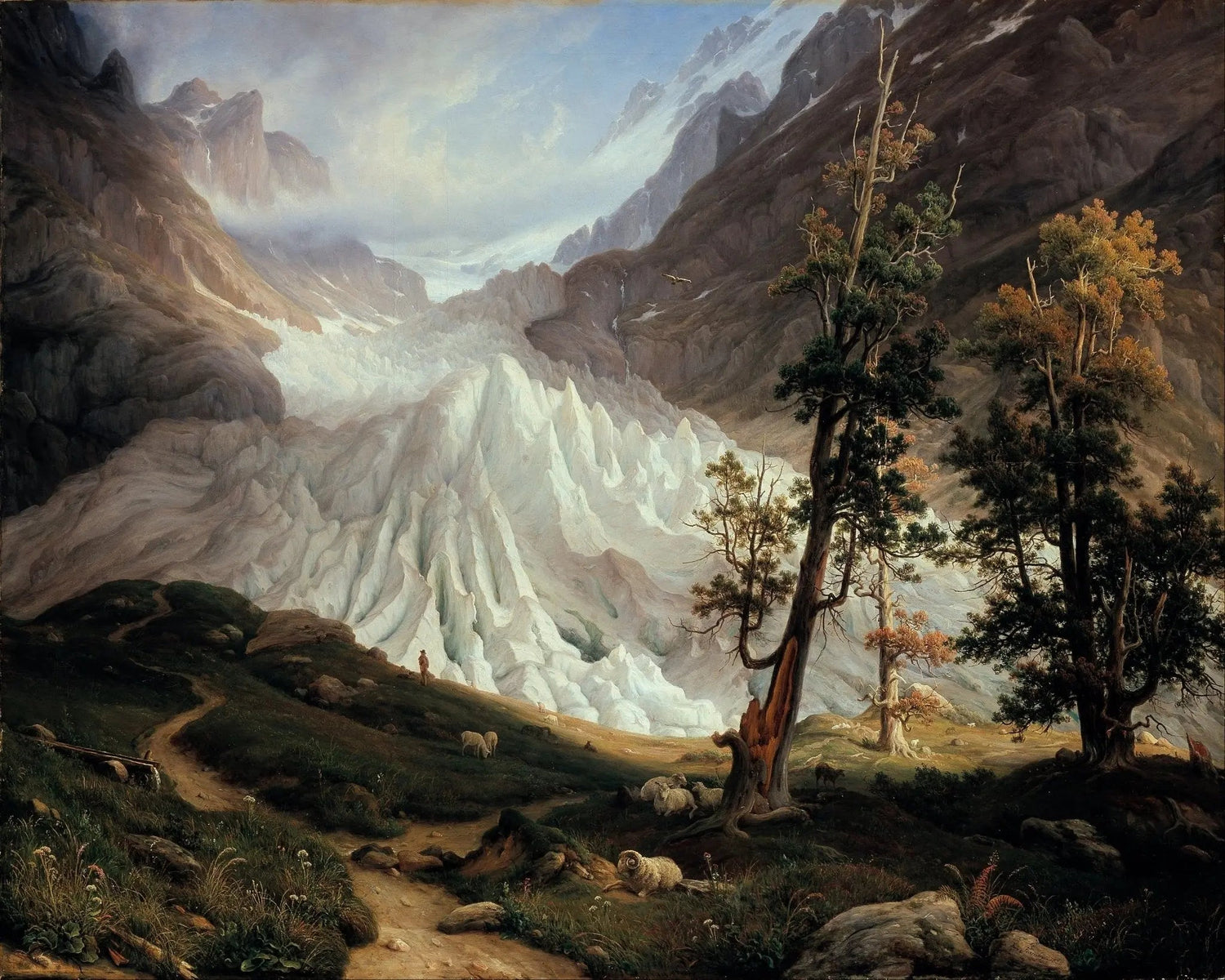 Hand painted oil on canvas landscape oil painting of alpine glacier with textured brushwork showing rugged mountains, icy. - Add Frame, Alpine, Canvas, Forest, Hand Painted, Landscape, Made To Order, Mountain, Oil Painting