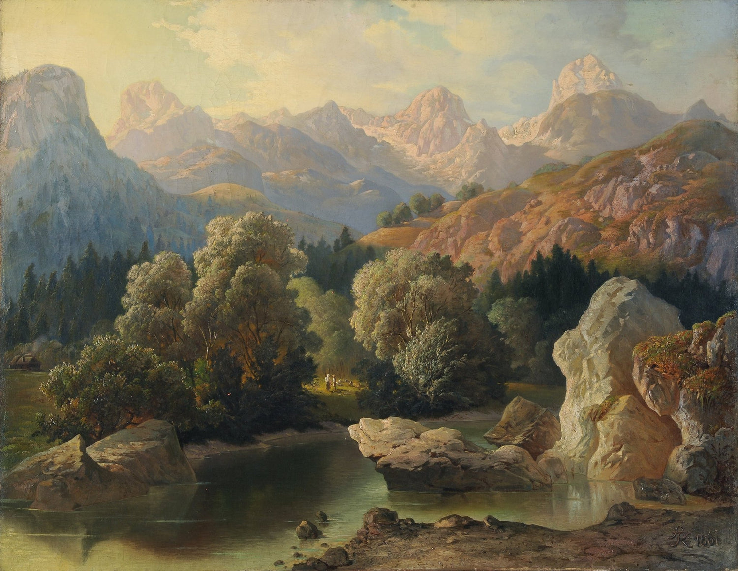 Hand-painted alpine lake and sunlit mountain peaks landscape oil painting on canvas