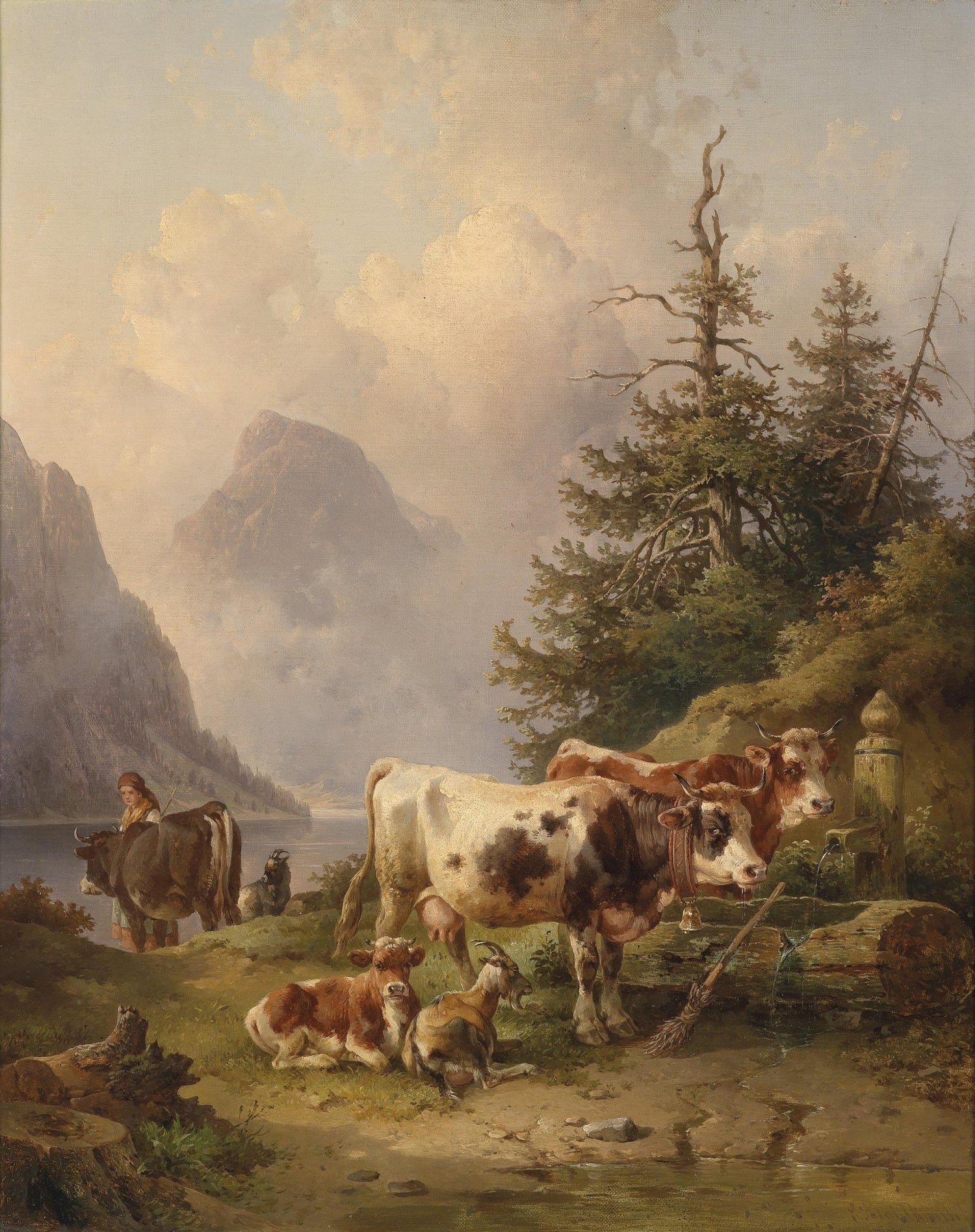 Landscape Oil Painting - Alpine Lake Cattle, Goats, Herder & Mountain - Oil Painting Haven