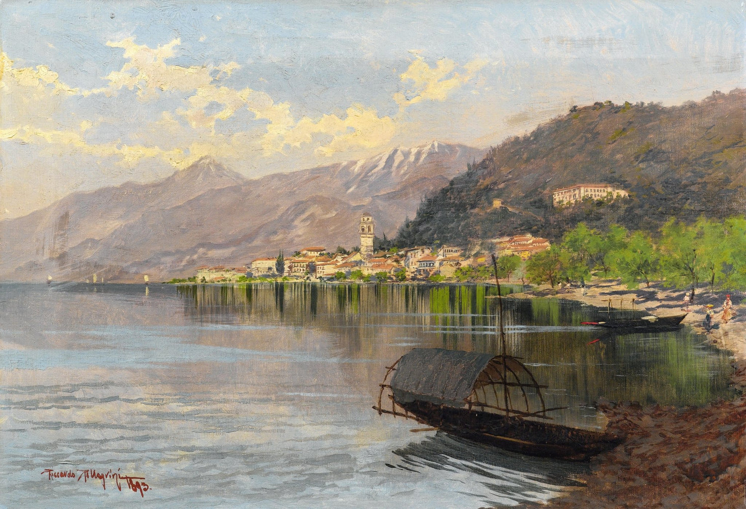 Landscape Oil Painting - Alpine lake shore townscape & bell tower - Oil Painting Haven