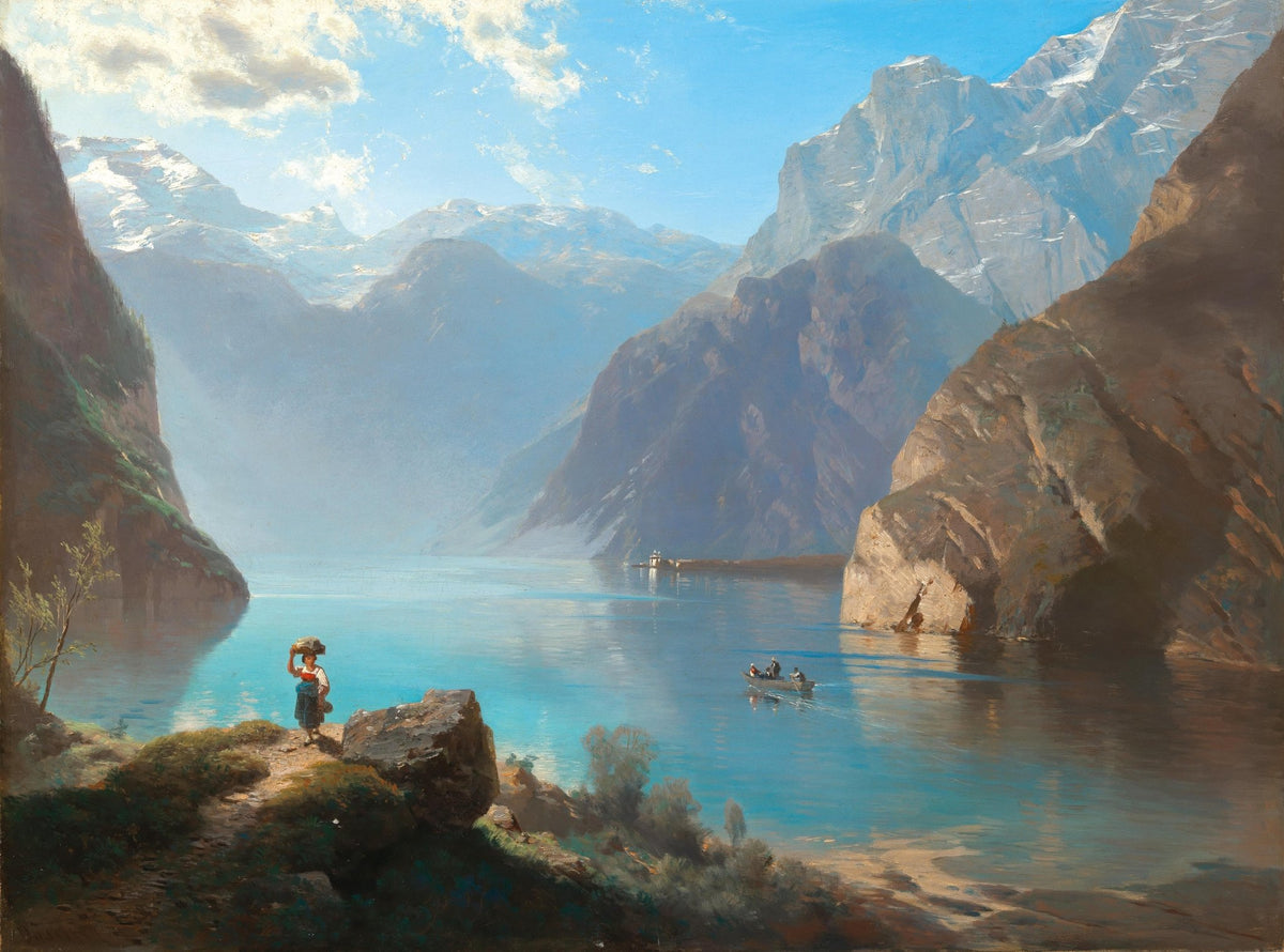 Landscape Oil Painting - Alpine Lake with Boats and Snowy Peaks