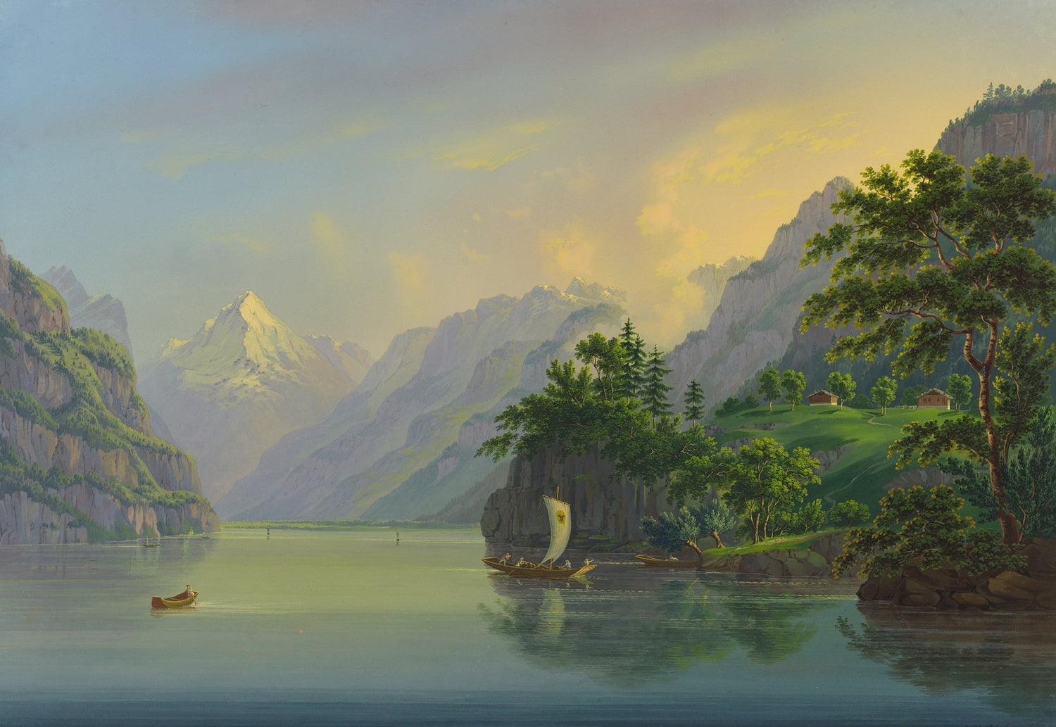Hand-painted alpine lake with sailboat and peaks landscape oil painting on canvas