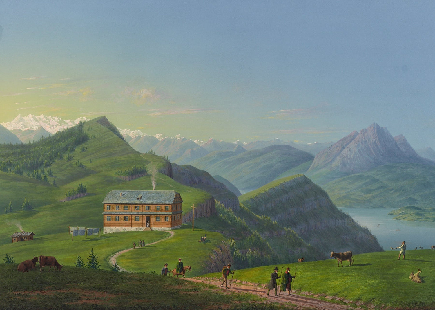 Hand-painted alpine lodge and mountain lake view landscape oil painting on canvas