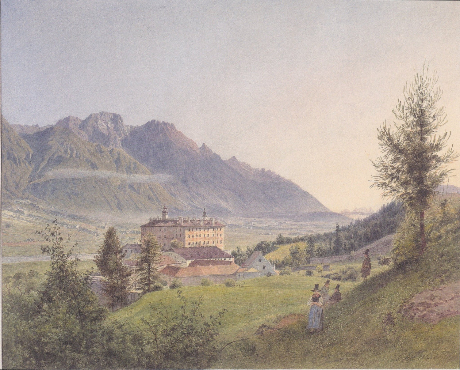 Hand-painted alpine monastery and mountain meadow landscape oil painting on canvas