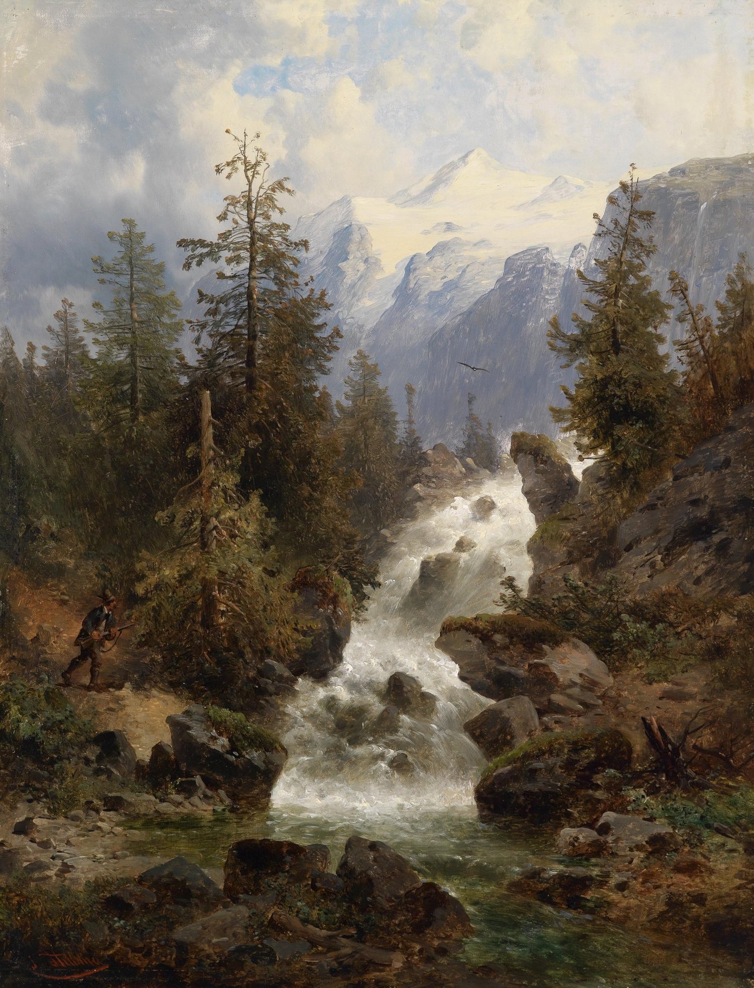 Landscape Oil Painting - Alpine Mountain Stream: Snow Peaks & Forest - Oil Painting Haven