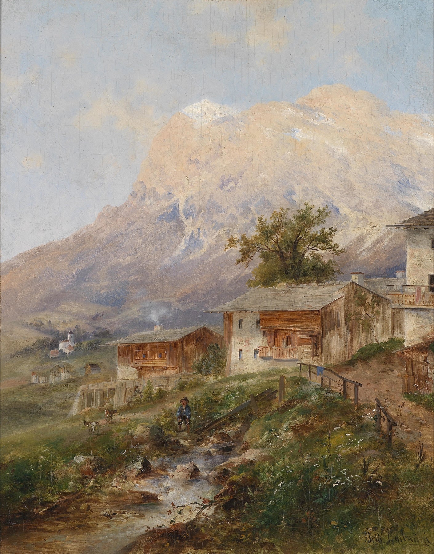 Landscape Oil Painting - Alpine Mountain Village, Stream & Cottages - Oil Painting Haven