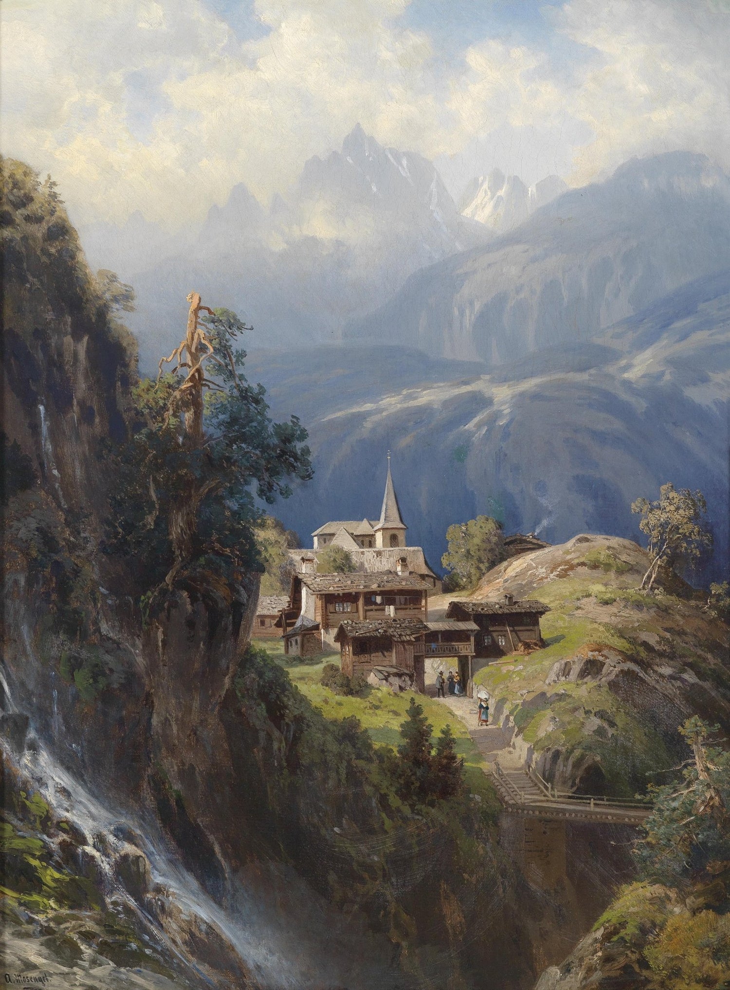 Hand painted landscape oil painting on canvas depicting an alpine mountain village with textured brushwork, a stone church,. - Alpine, Architecture, Canvas, Church, Hand Painted, Landscape, Made To Order, Mountain, Oil Painting, Village, Waterfall