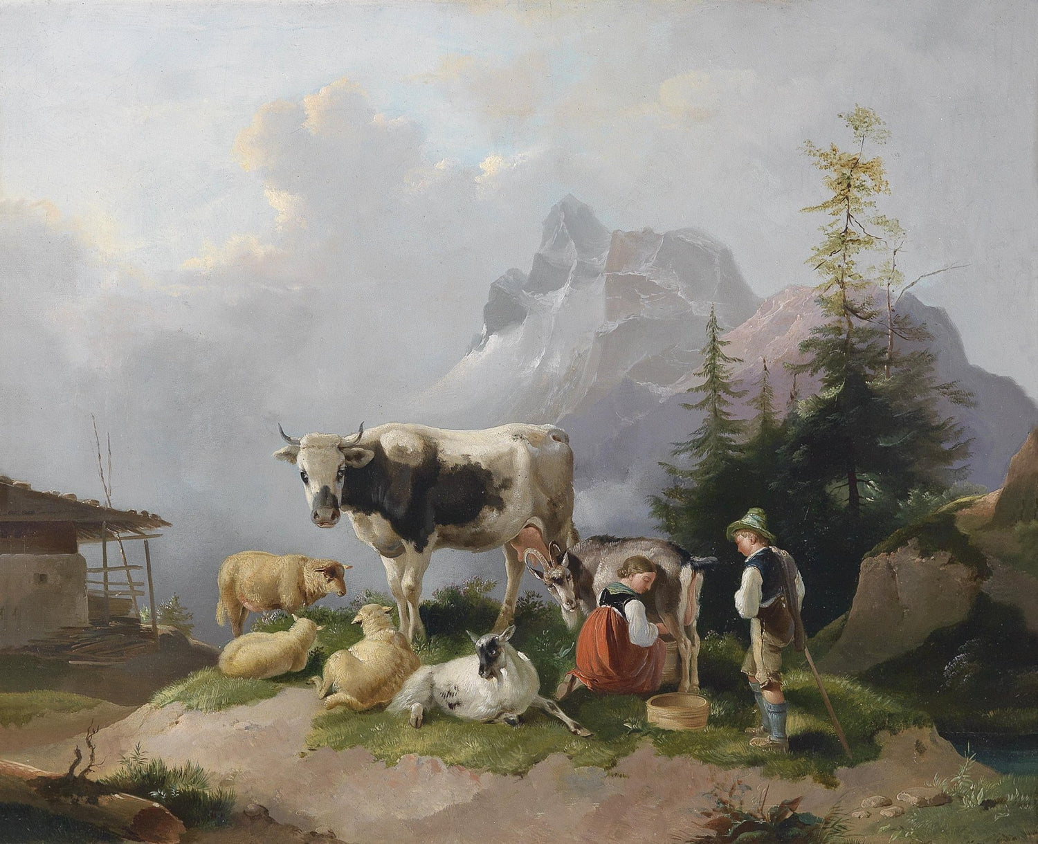 Landscape Oil Painting - Alpine Pastoral, Livestock, Girl & Snow Peaks - Oil Painting Haven