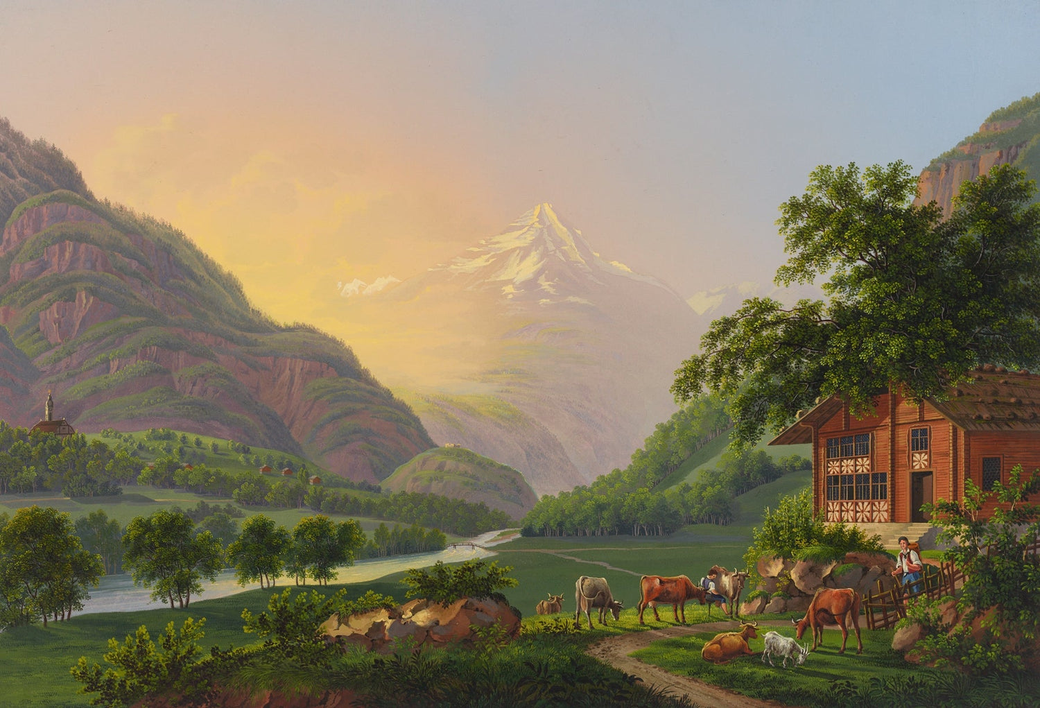 Hand-painted alpine river valley with cows and chalet landscape oil painting on canvas