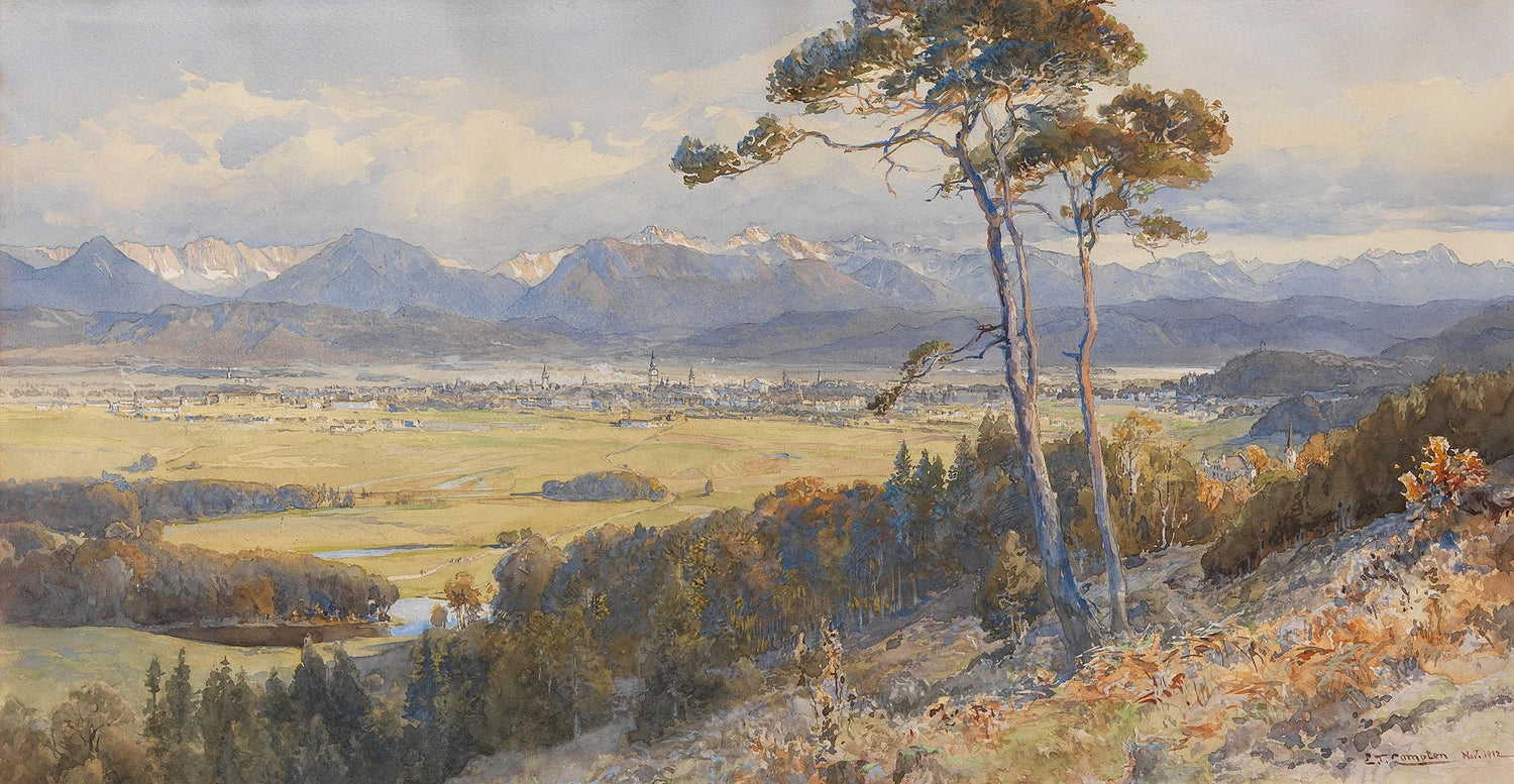 Hand-painted alpine valley town and distant peaks landscape oil painting on canvas