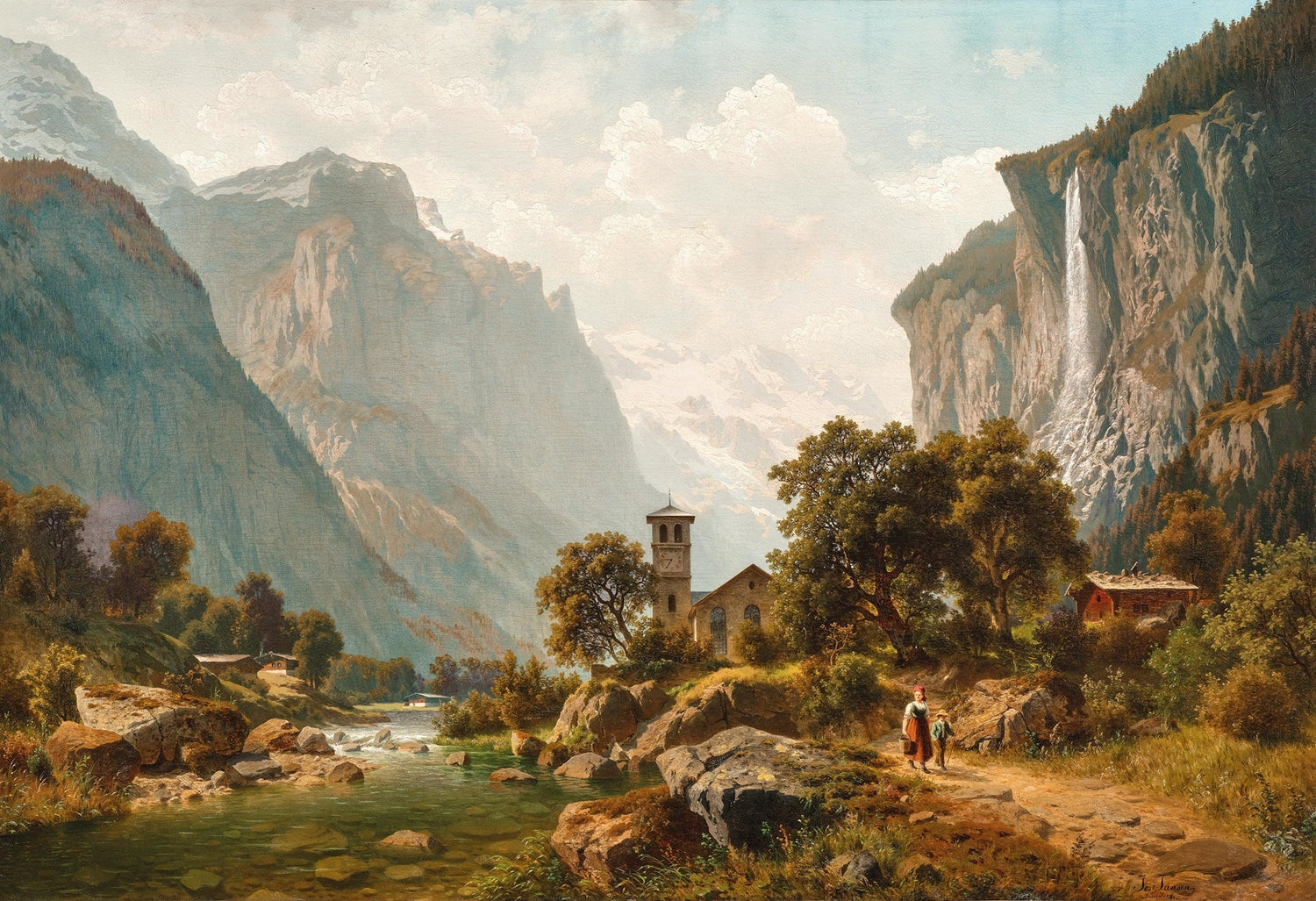 Hand-painted alpine valley, waterfall and church landscape oil painting on canvas