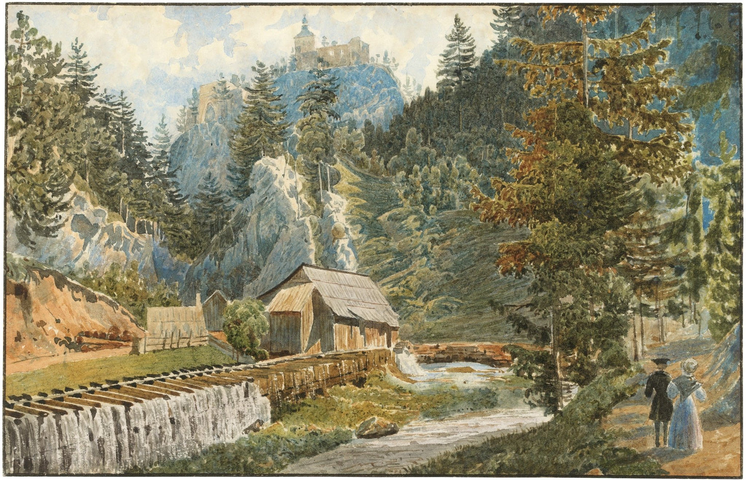 Hand painted landscape oil painting on canvas showing alpine village with watermill, mountain castle, river, and textured. - Add Frame, Alpine, Canvas, Hand Painted, Landscape, Made To Order, Mountain, Oil Painting, Village