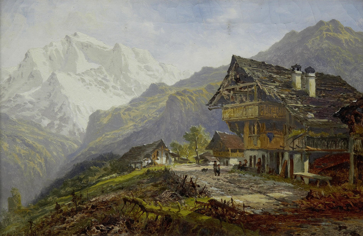 Hand-painted alpine village mountain house scene landscape oil painting on canvas