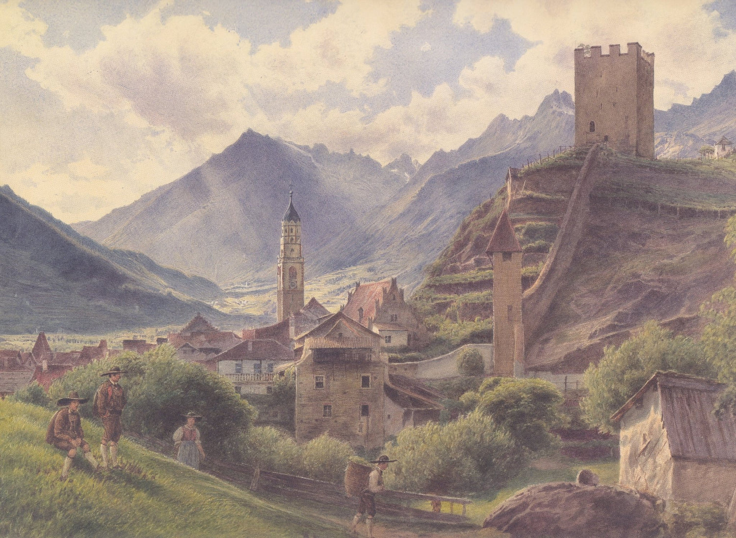 Hand-painted alpine village with castle and peaks landscape oil painting on canvas