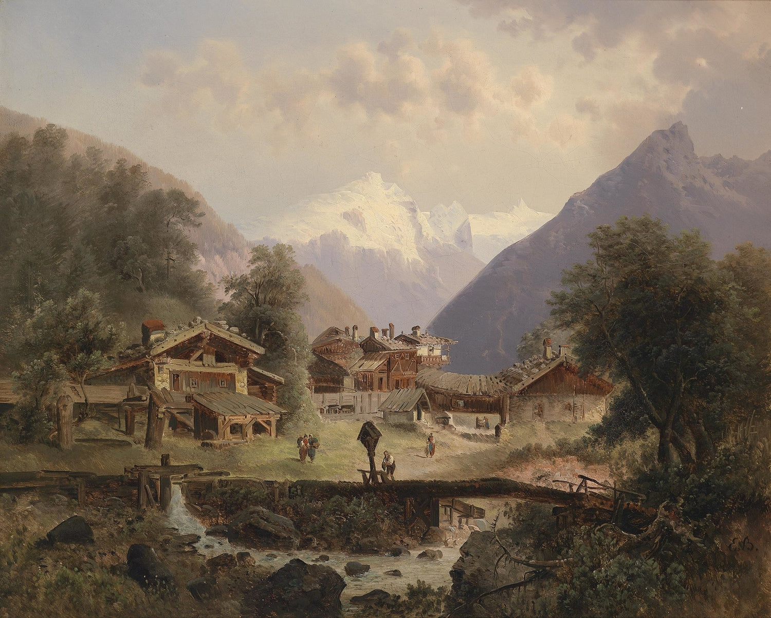 Landscape Oil Painting - Alpine Village, Wooden Cottages & Stream - Oil Painting Haven