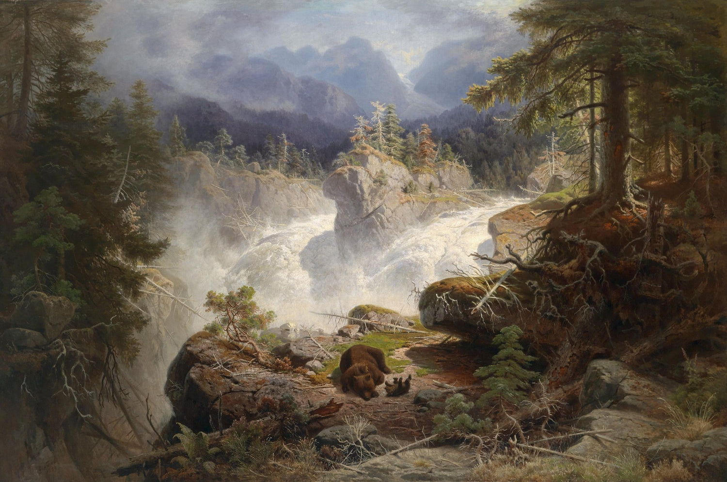 Landscape oil painting of an alpine waterfall with textured brushwork, featuring a bear and cubs resting on rocks in a. - Alpine, Canvas, Forest, Hand Painted, Landscape, Made To Order, Mountain, Oil Painting, Waterfall