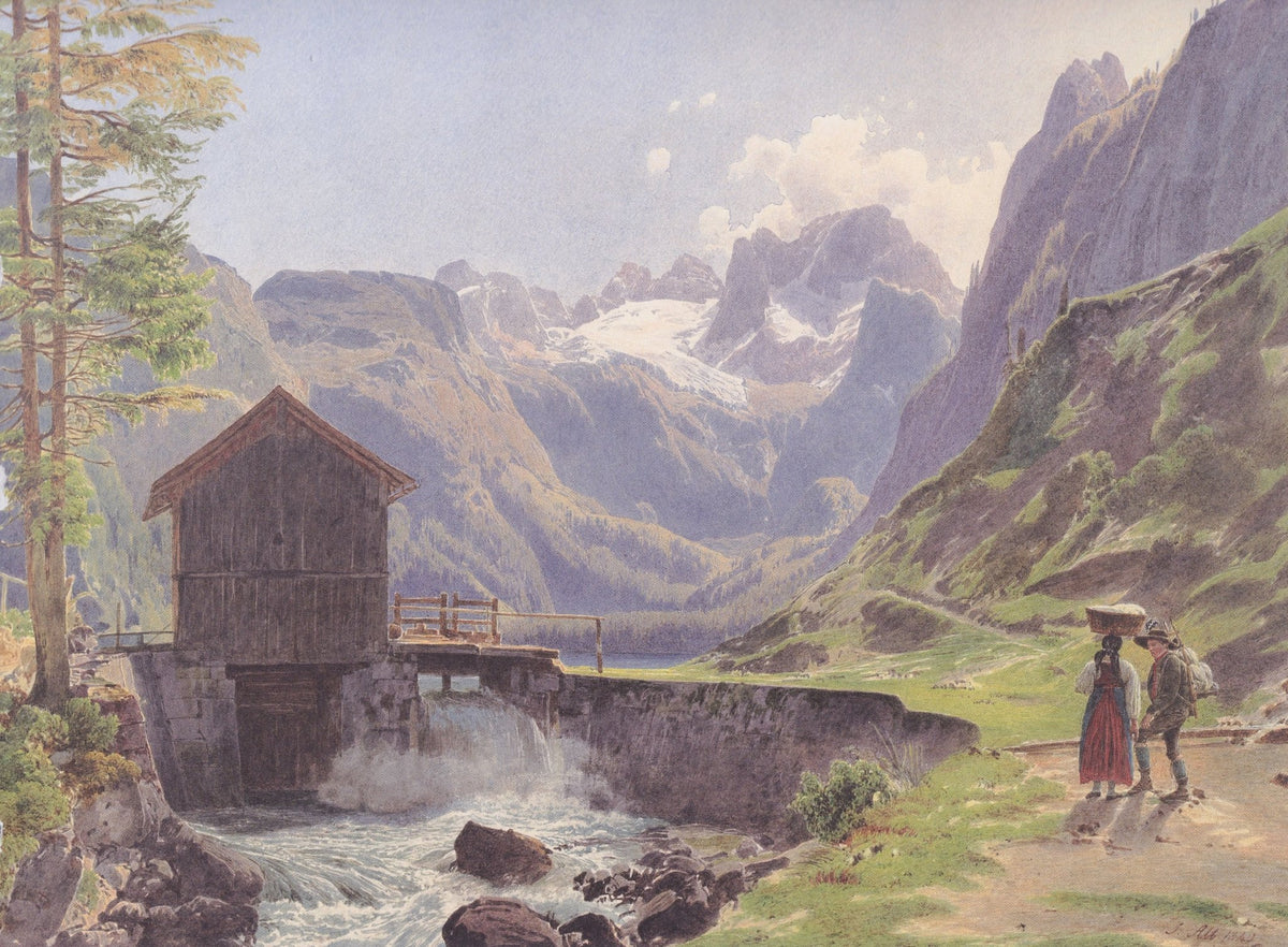 Ölgemälde Landschaft - Alpenwassermühle und Gletschersee