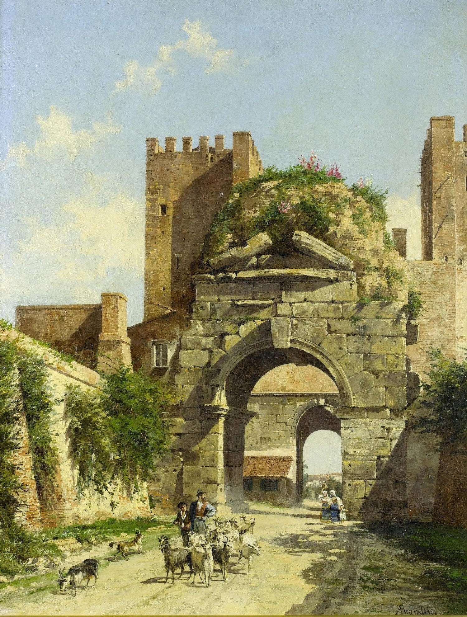 Landscape oil painting of ancient stone arch with textured brushwork, figures and goats nearby under blue sky. - Add Frame, Architecture, Canvas, Figure, Hand Painted, Landscape, Made To Order, Oil Painting