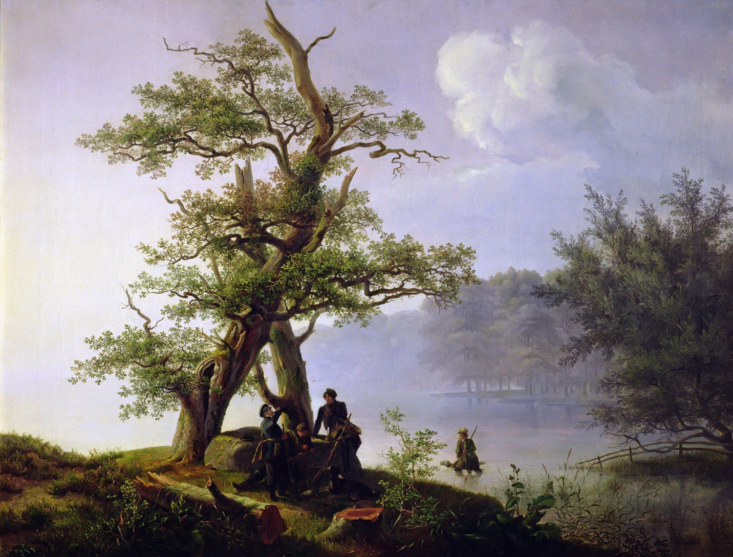 Landscape Oil Painting - Ancient oak misty lake & wooded shore - Oil Painting Haven