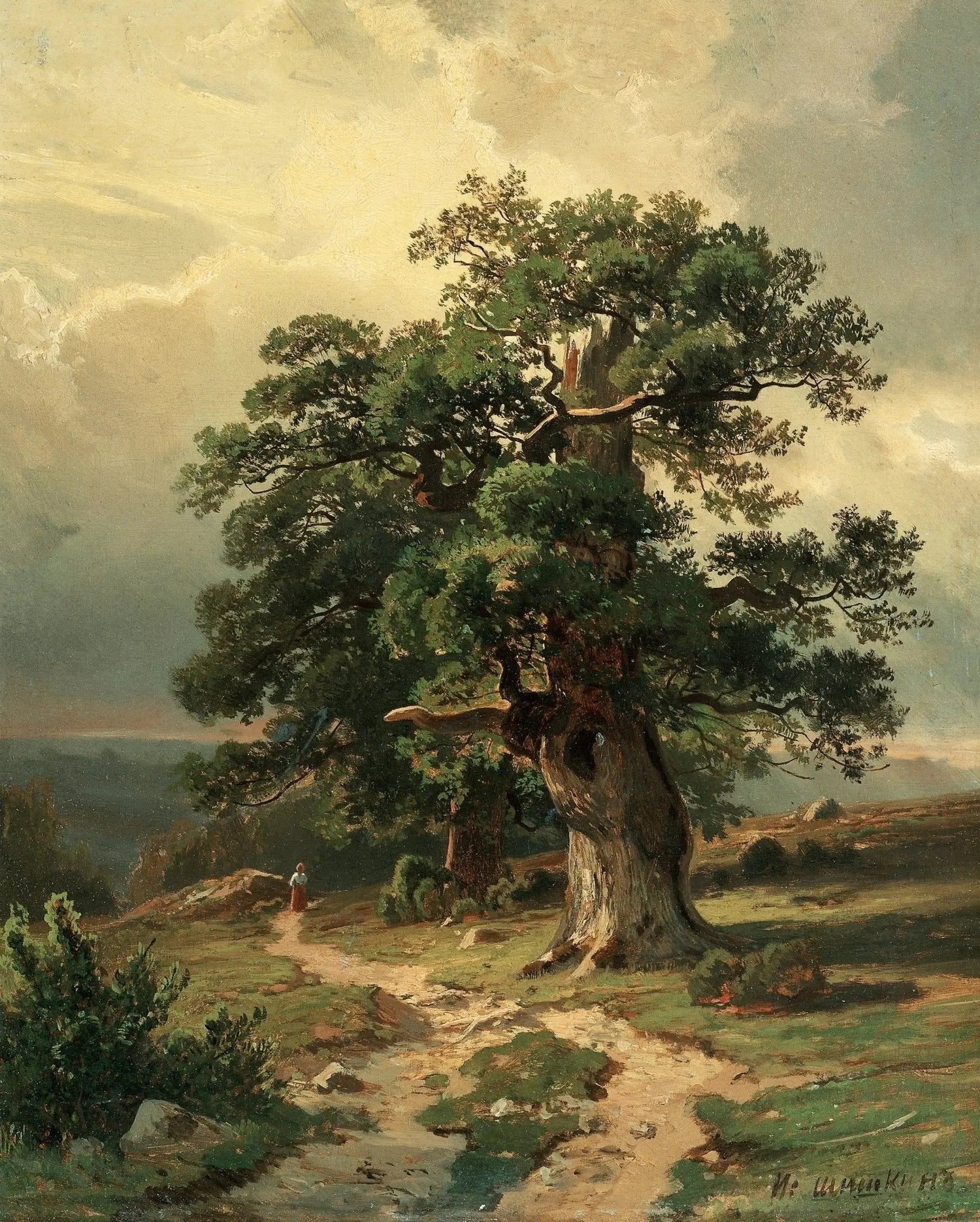 Landscape Oil Painting - Ancient Oak Tree with Path Wall Art - Oil Painting Haven