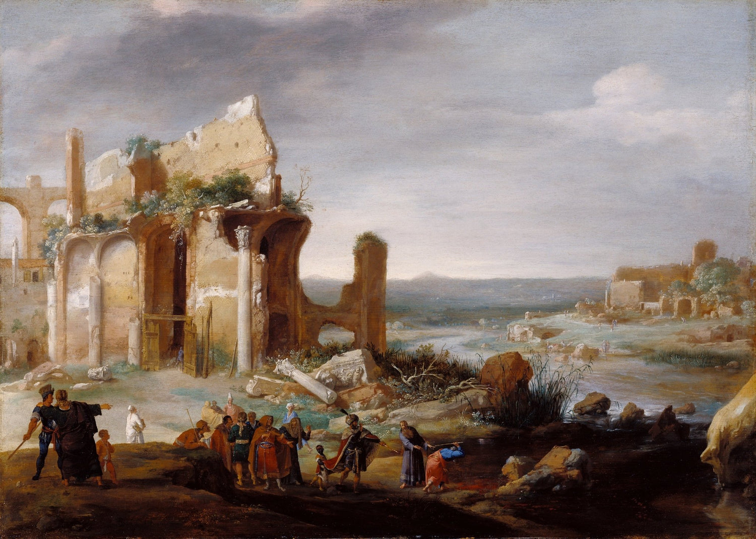 Landscape oil painting of ancient ruins by a river with figures nearby, oil on canvas with textured brushwork and hand. - Add Frame, Architecture, Canvas, Figure, Hand Painted, Landscape, Made To Order, Oil Painting, River