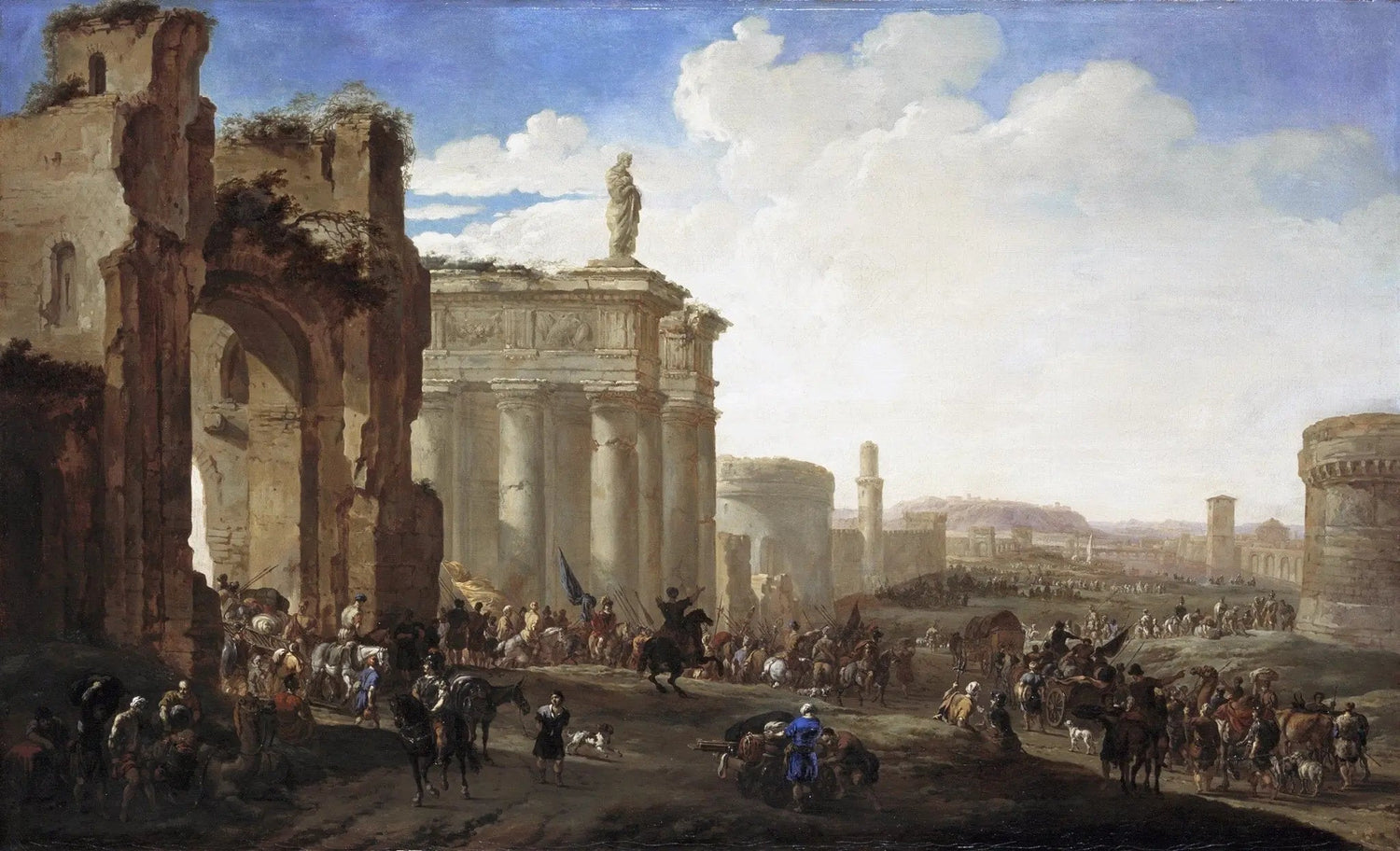 Hand painted oil on canvas landscape oil painting depicting ancient ruins with detailed architecture, crowds of figures, and . - Add Frame, Architecture, Canvas, Figure, Hand Painted, Landscape, Made To Order, Oil Painting