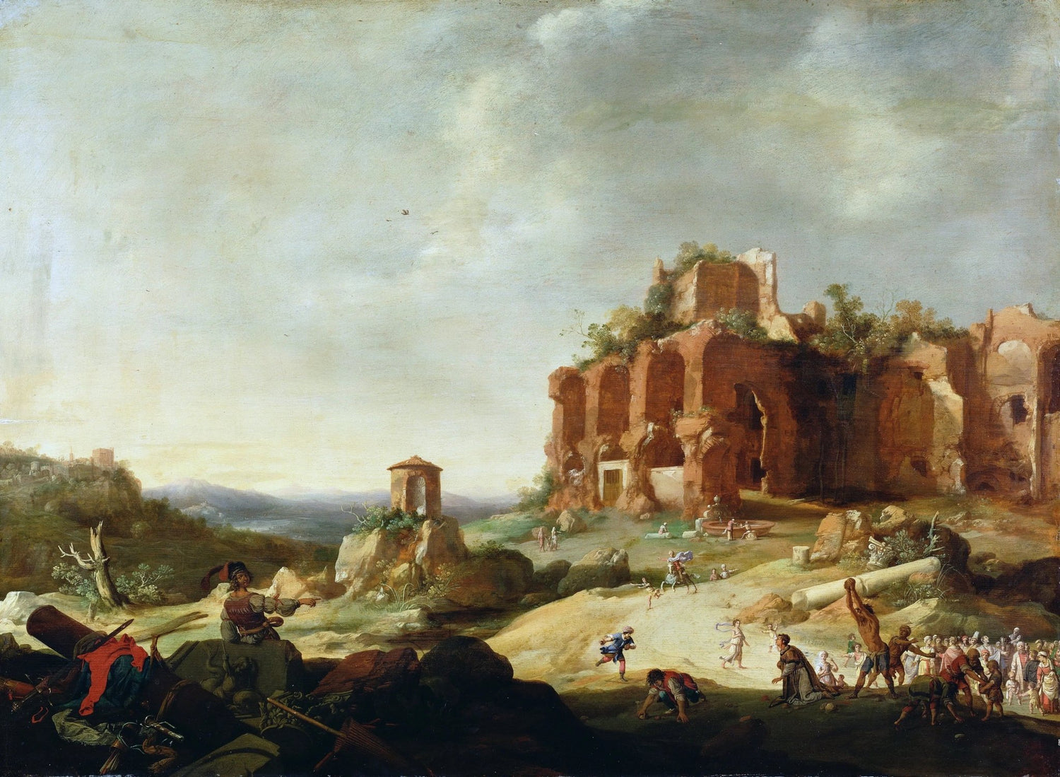 Landscape oil painting of ancient ruins with small figures and activities, hand painted oil on canvas featuring textured. - Add Frame, Architecture, Canvas, Figure, Hand Painted, Landscape, Made To Order, Oil Painting