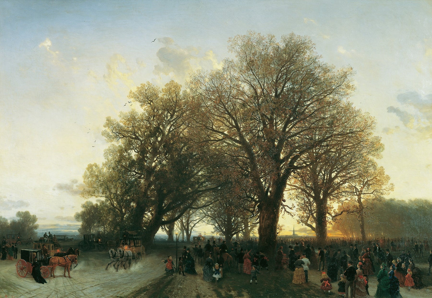 Landscape Oil Painting - autumn evening park large trees crowds - Oil Painting Haven
