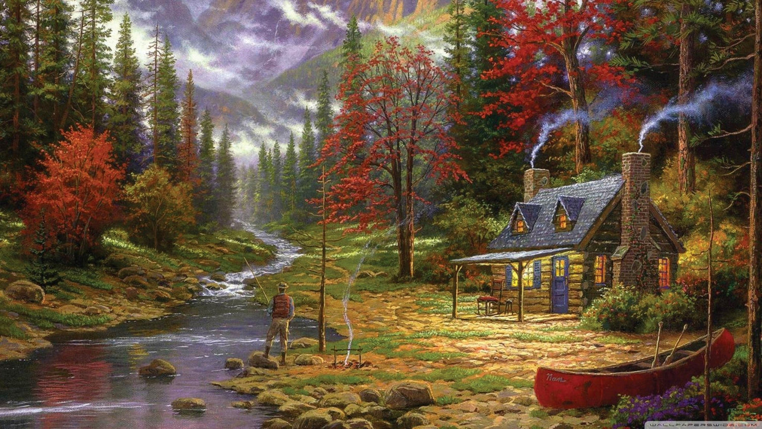 Landscape Oil Painting - Autumn Forest Cabin With Fishing Angler - Oil Painting Haven
