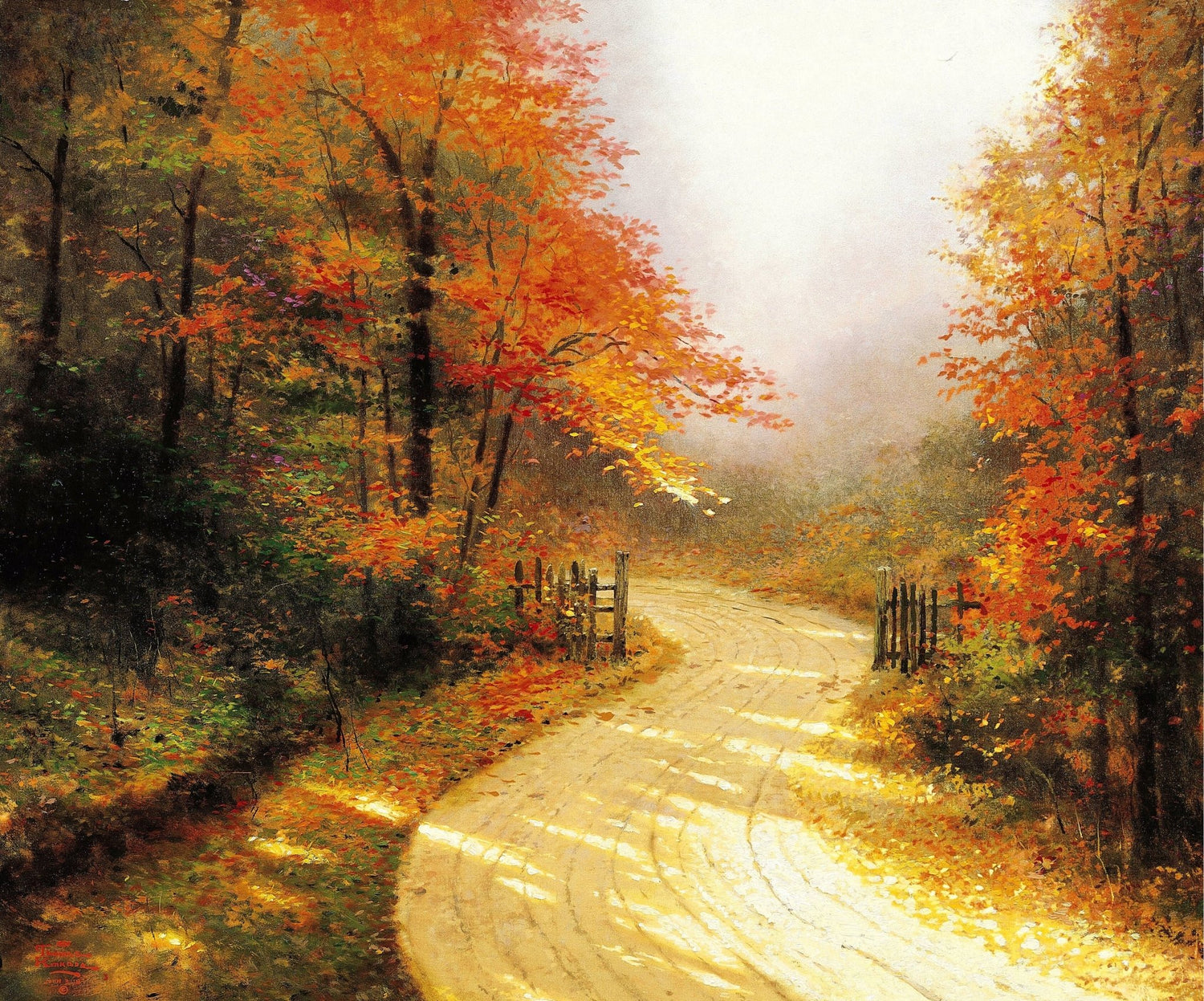 Landscape Oil Painting - Autumn Forest Dirt Road With Vibrant Red Leaves - Oil Painting Haven