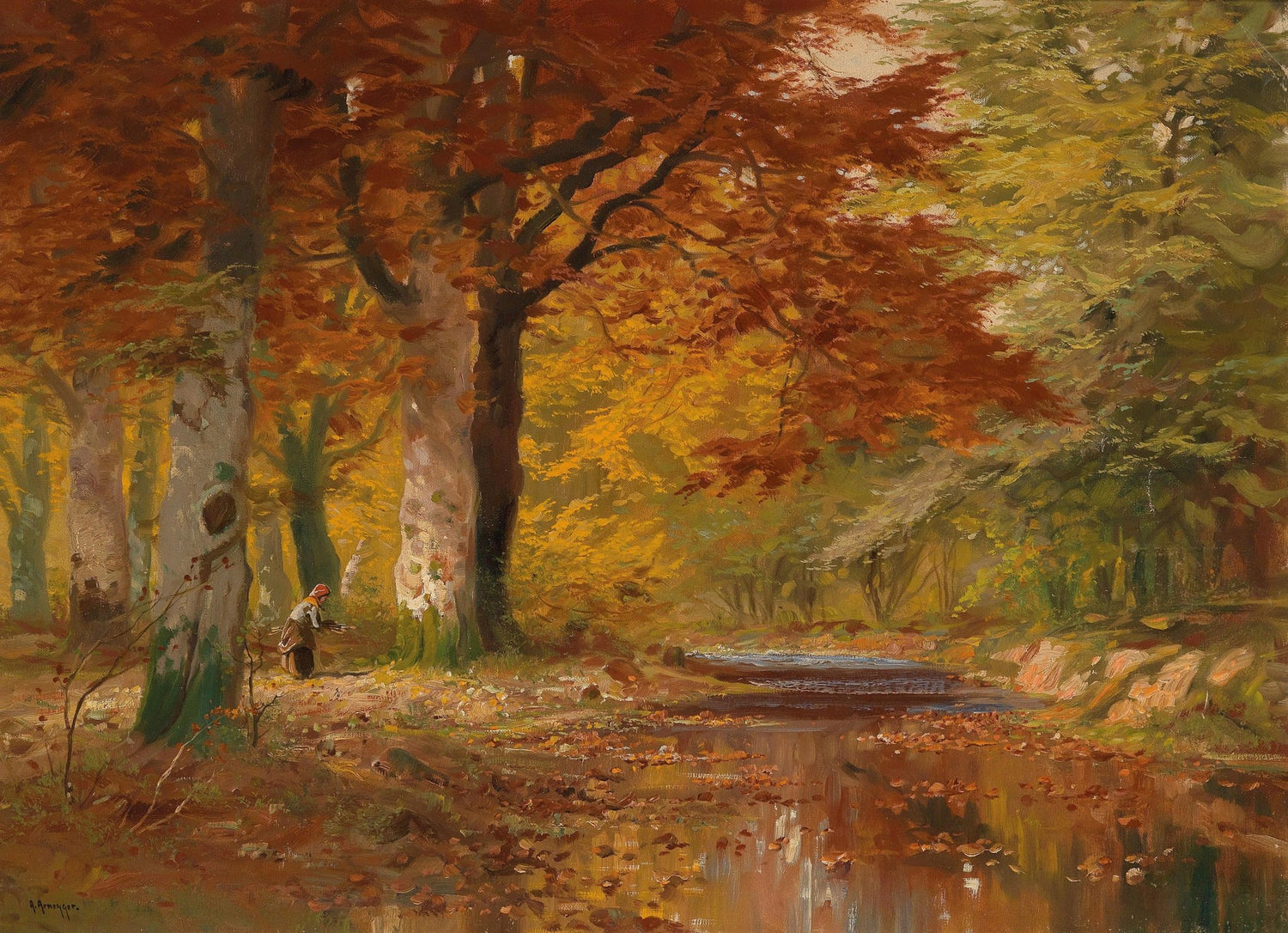 Landscape Oil Painting - Autumn forest stream & red - leaved trees - Oil Painting Haven