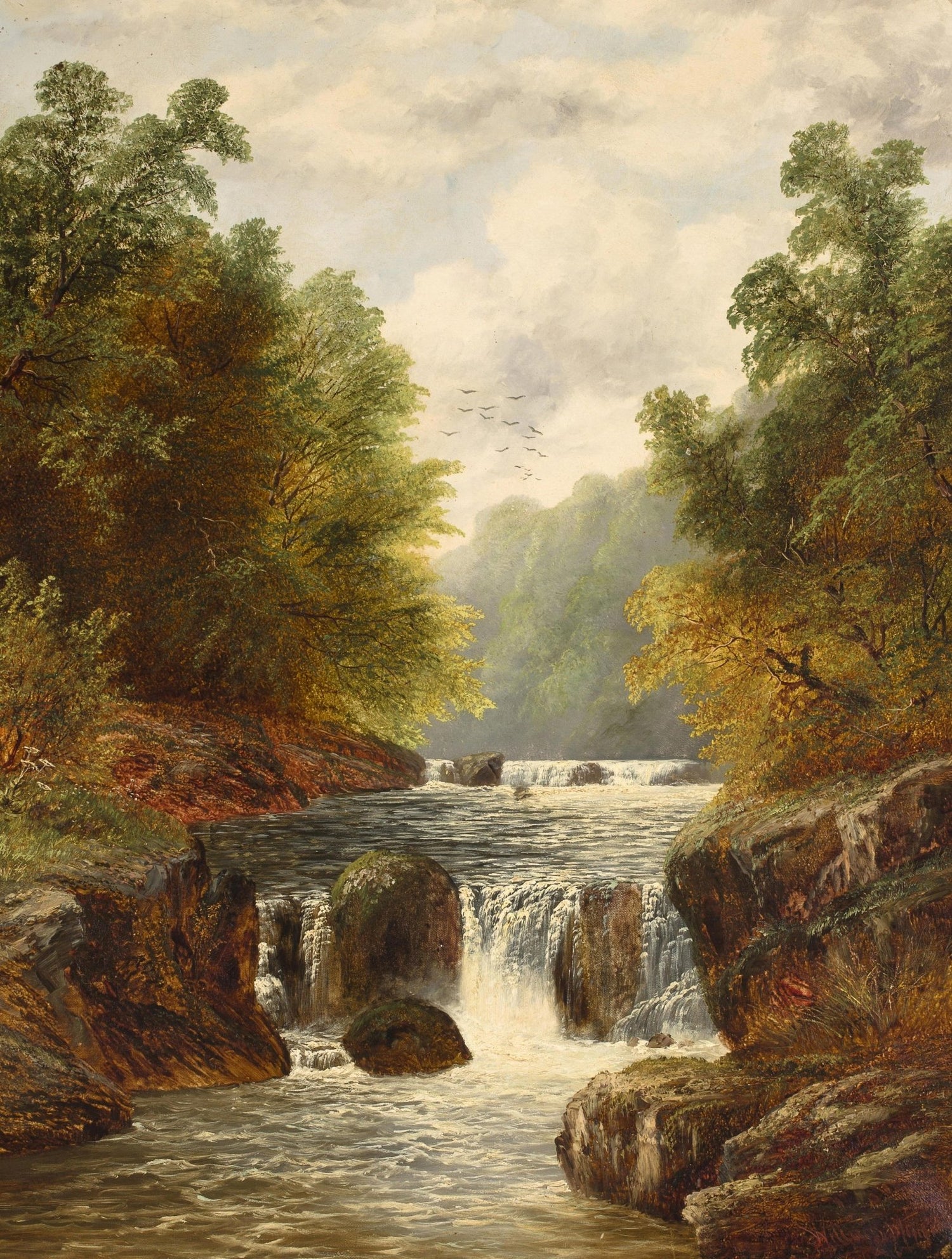 Landscape Oil Painting - Autumn river gorge & waterfalls, rocky banks - Oil Painting Haven