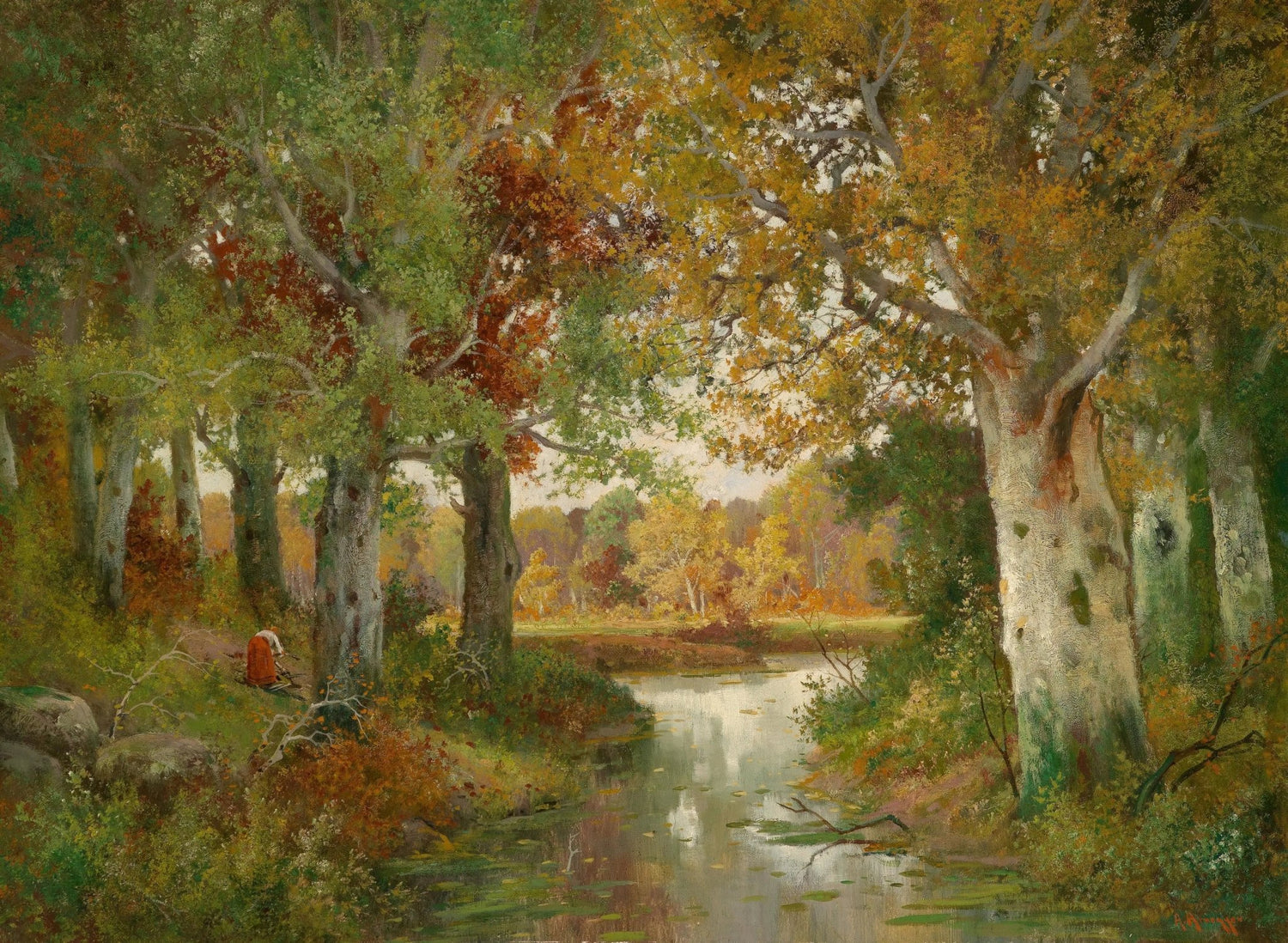 Landscape oil painting of an autumn river scene with tall trees and a small figure along the bank, textured brushwork in. - Add Frame, Canvas, Figure, Forest, Hand Painted, Landscape, Made To Order, Oil Painting, River