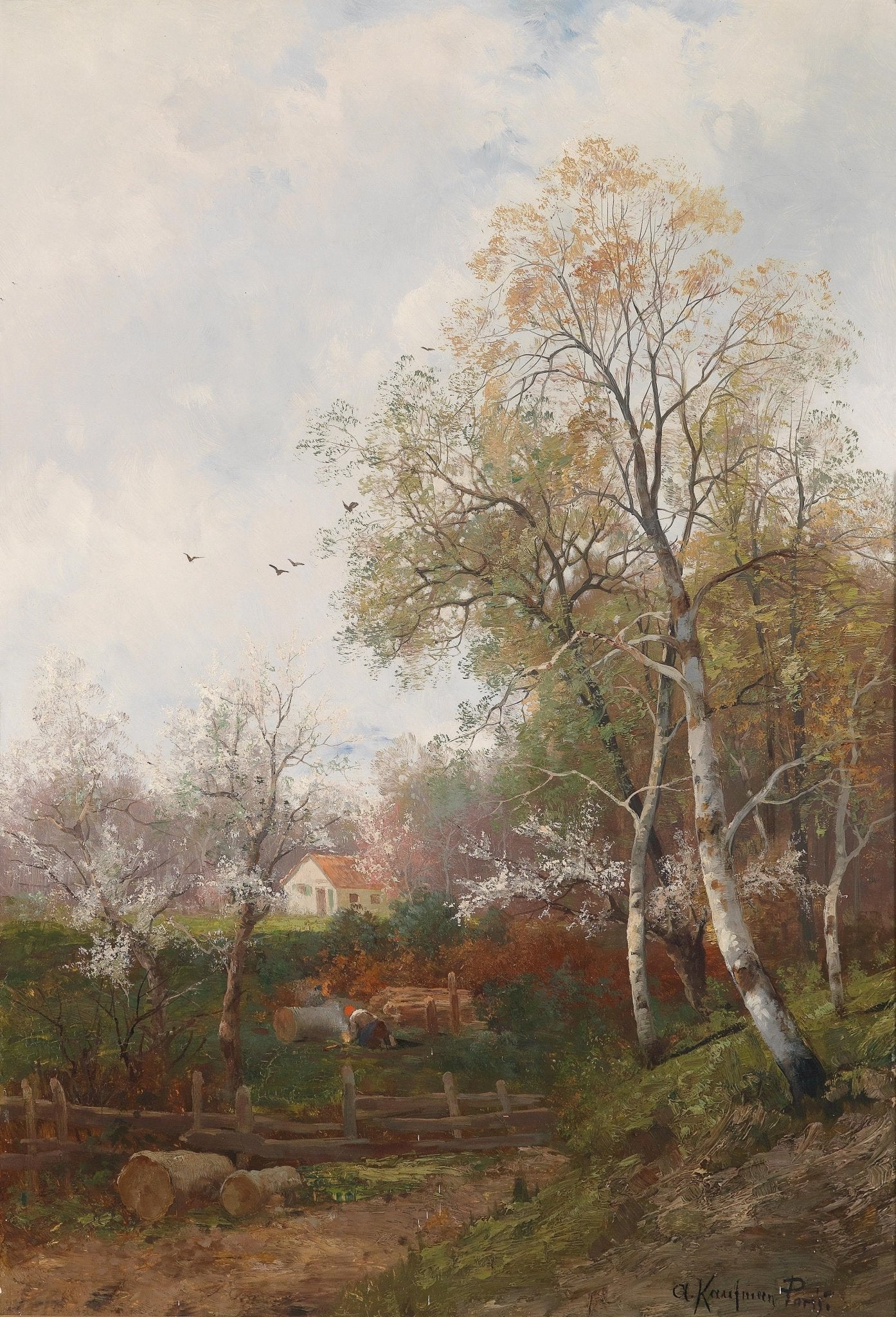 Landscape Oil Painting - Autumn Rural & Cottage, Wood Pile,Resting Figure - Oil Painting Haven