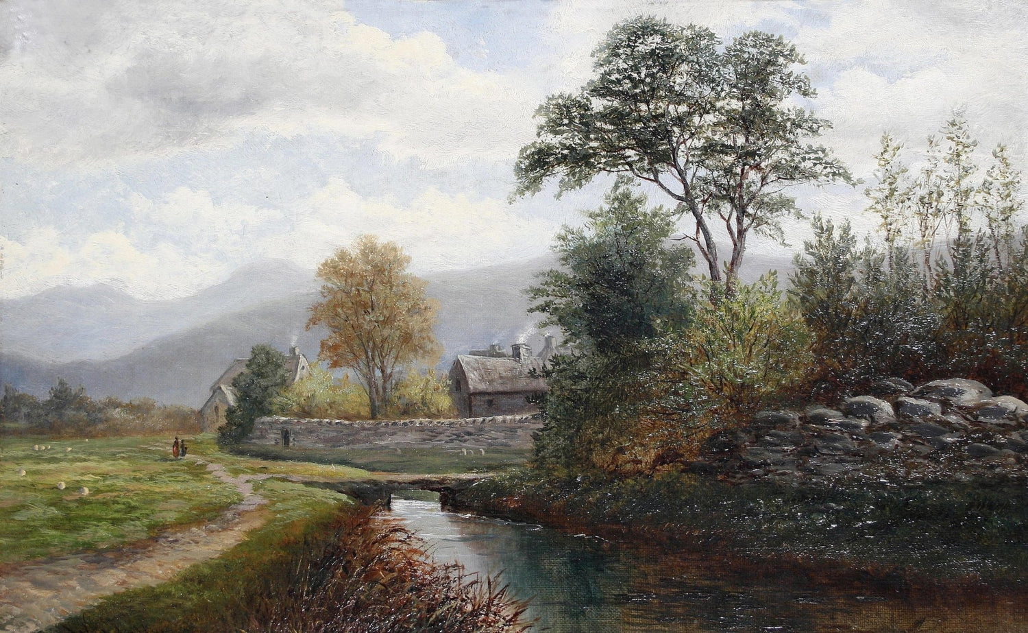 Landscape Oil Painting - Autumn rural stream & stone wall, cottages - Oil Painting Haven