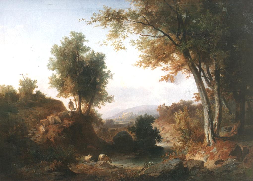 Hand-painted autumn stream with sheep and woodland landscape oil painting on canvas