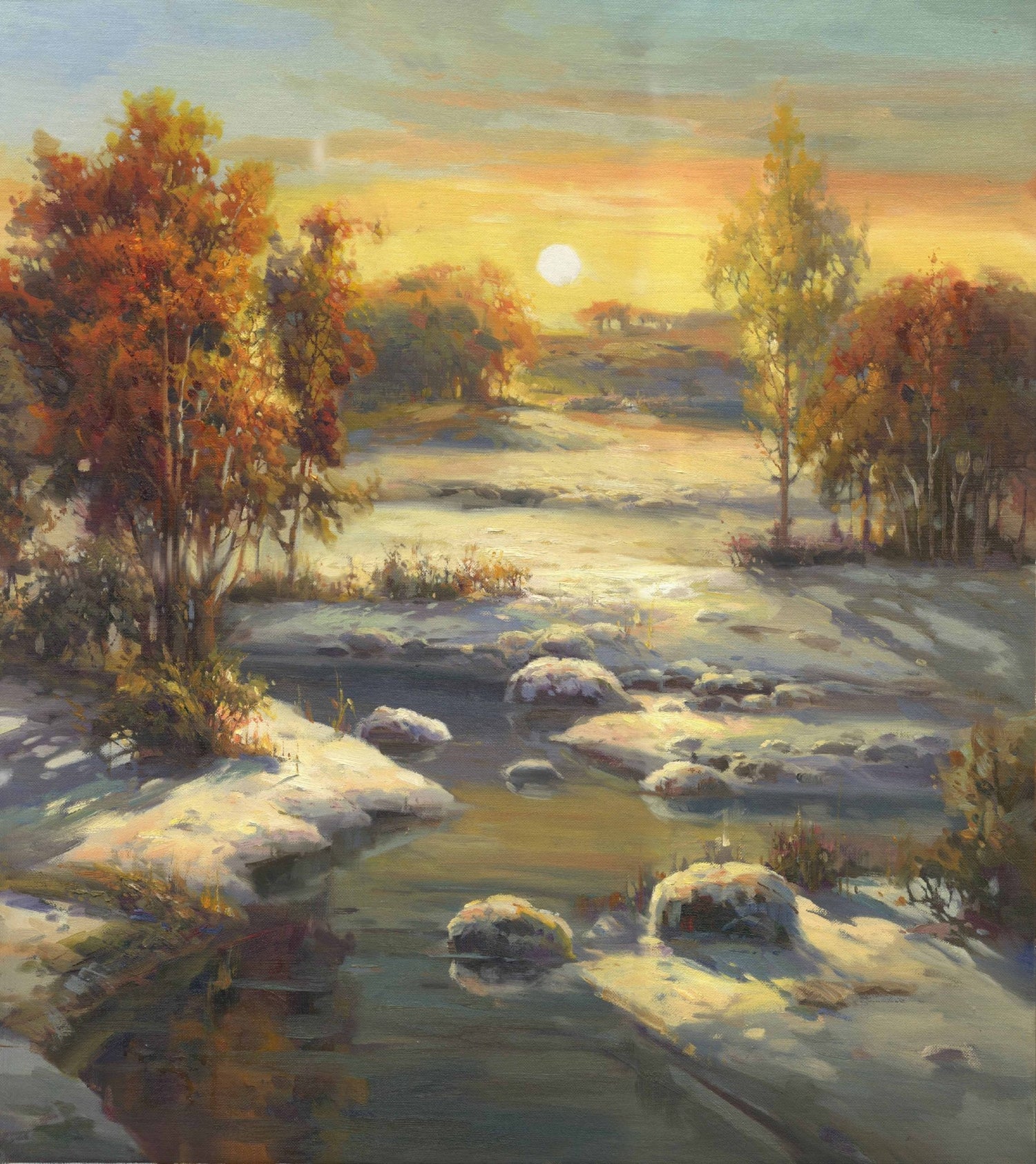 Landscape Oil Painting - Autumn - Winter birch stream & snowy rocks - Oil Painting Haven