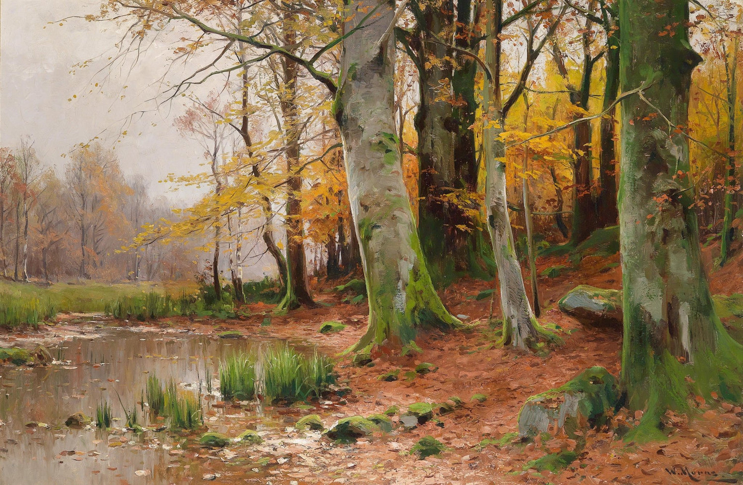 Landscape Oil Painting - Autumn woodland pond & fallen leaves - Oil Painting Haven