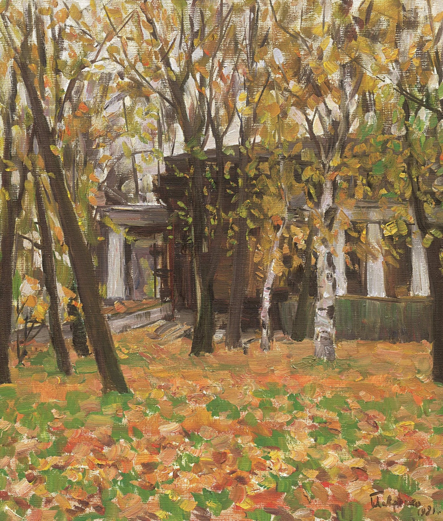 Landscape Oil Painting - Autumn Woodland Scene: Fallen Leaves, Building - Oil Painting Haven